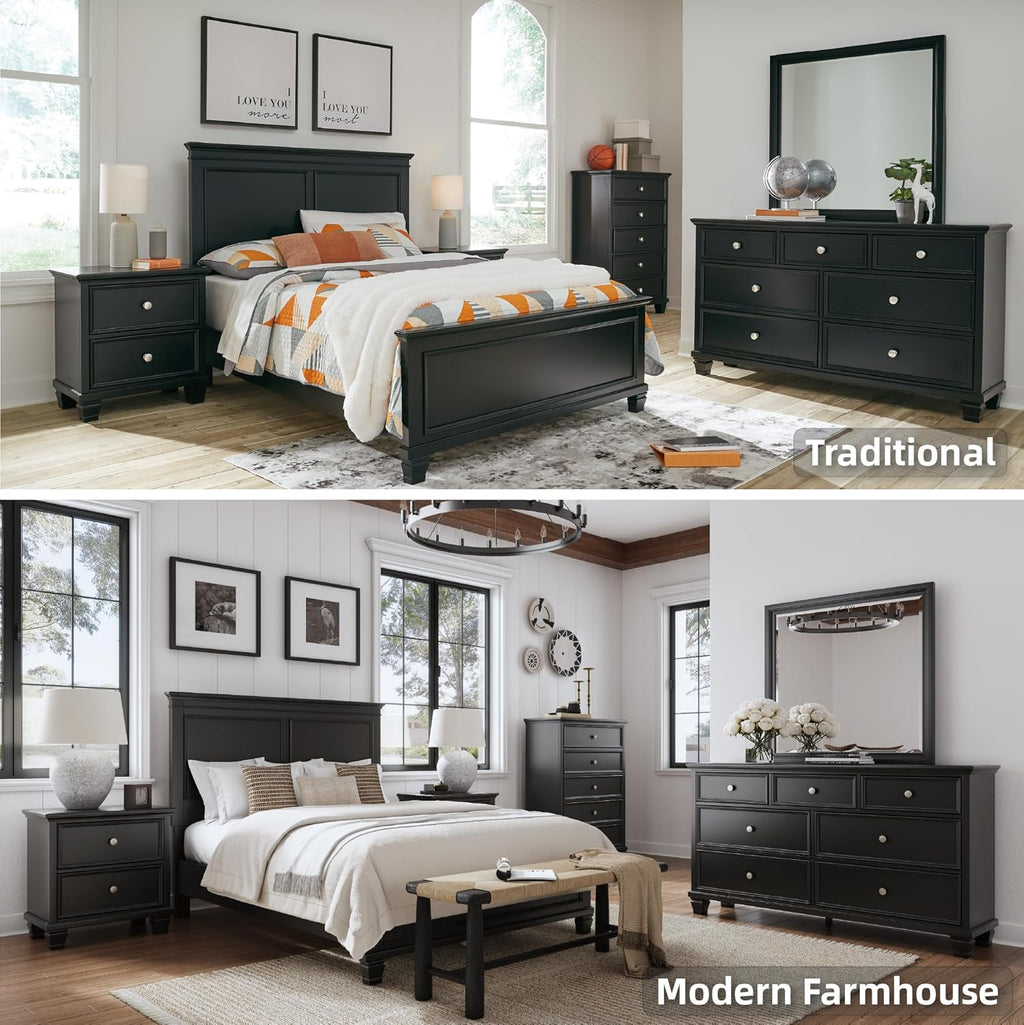 Signature Design by Ashley Lanolee Modern 7-Drawer Dresser and Mirror with Safety Stop, Classic Style, Sturdy Wood, Birch Veneer, Framed Drawer Fronts, Metal Drawer Knobs, Pewter-Tone Finish, Black