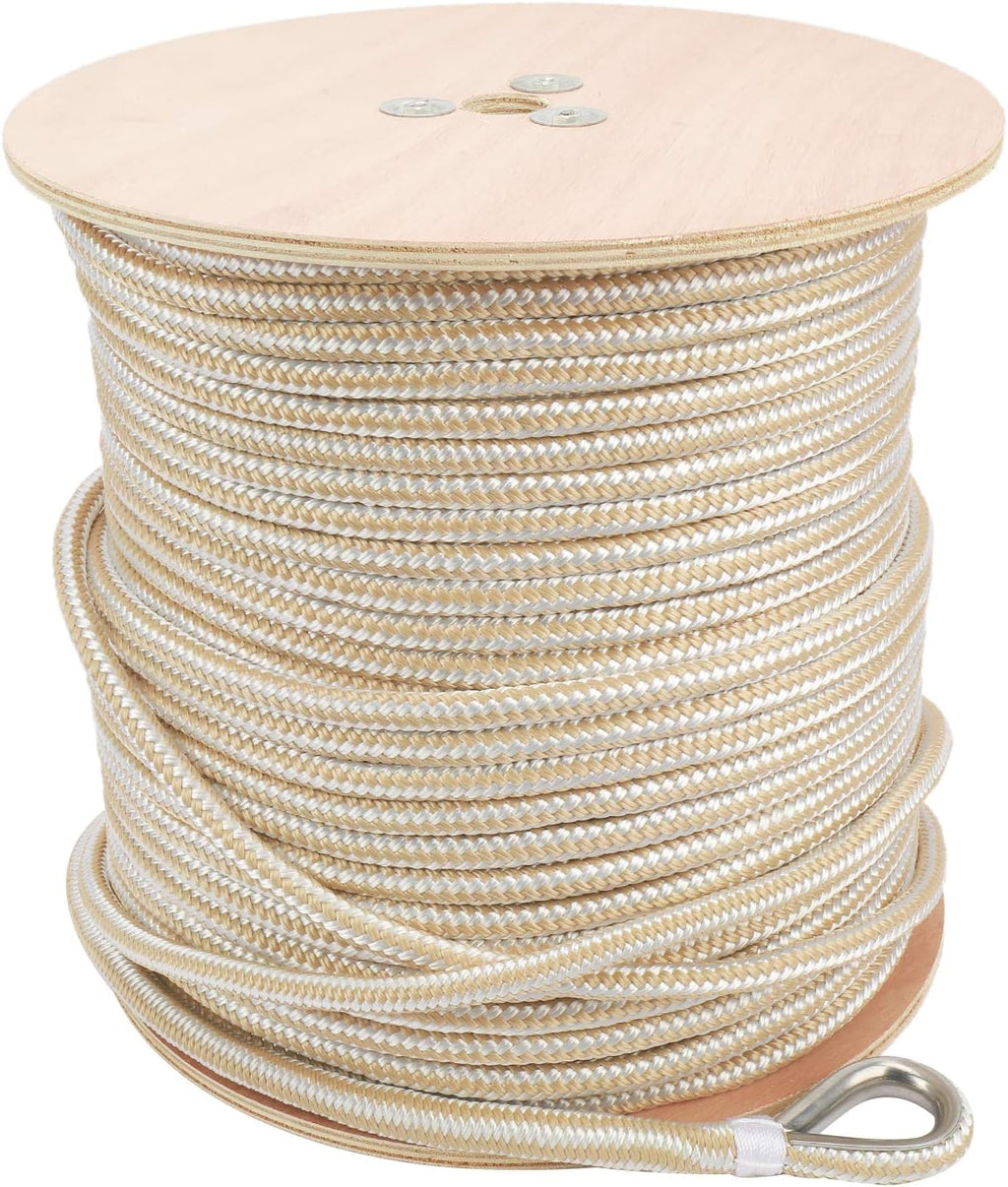 NovelBee 1/2 Inch X 600 Feet Double Braid Nylon Anchor Line with Stainless Steel Thimble and Wood Chuck (White/Gold)