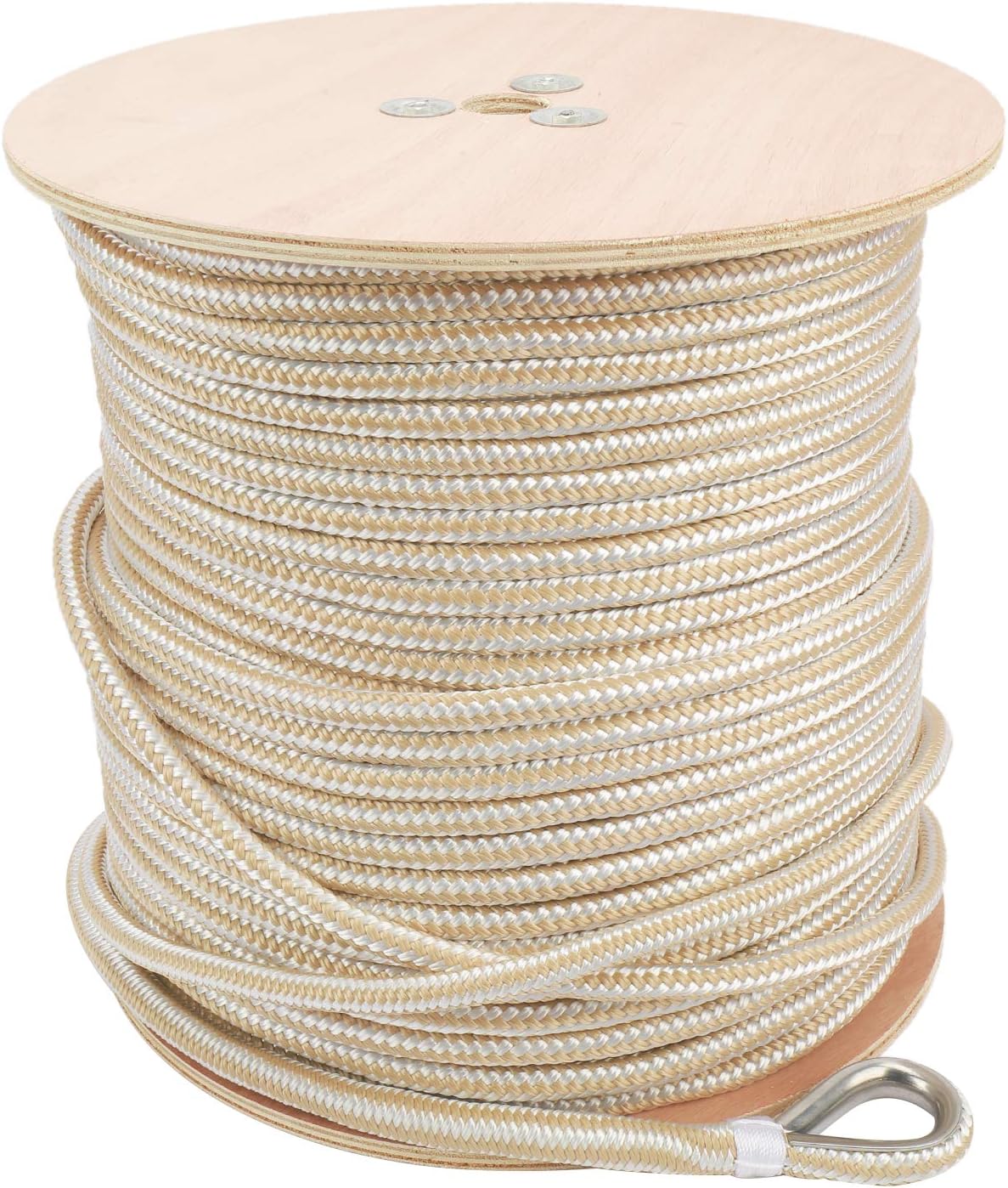 NovelBee 1/2 Inch X 600 Feet Double Braid Nylon Anchor Line with Stainless Steel Thimble and Wood Chuck (White/Gold)
