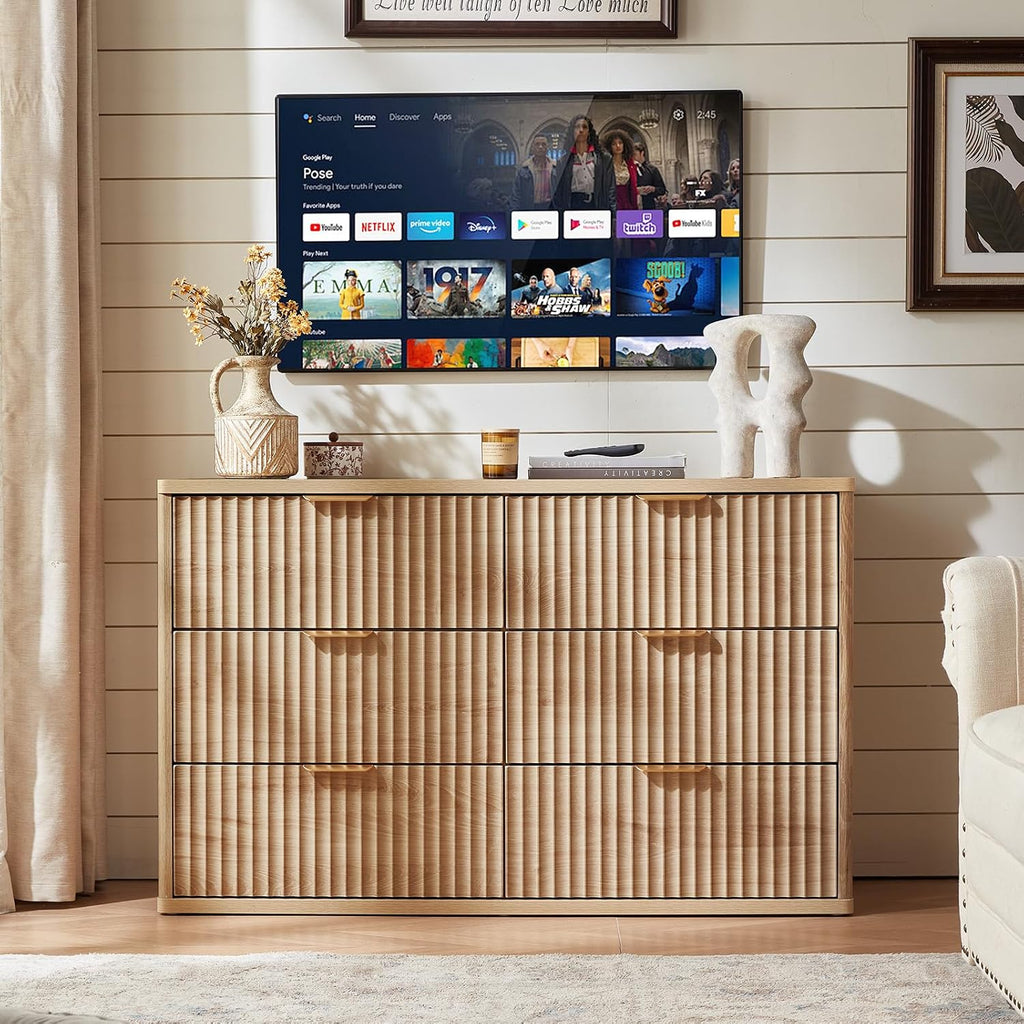 LEYAOYAO Fluted 6 Drawers Dresser Set of 2, 48' Wide Modern Chest of Drawers with Metal Handle, Natural Curved Profile Dresser TV Stand, Wooden Drawer Organizer for Bedroom, Living Room, Hallway