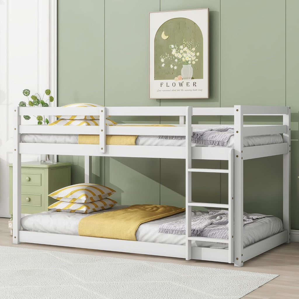 Ball & Cast Solid Rubber Wooden Twin Over Twin Bunk Bed with Ladder and Full Length Guardrail,Low Bunkbed w/Slat Support,Bedroom Furniture for Girls Boys,White