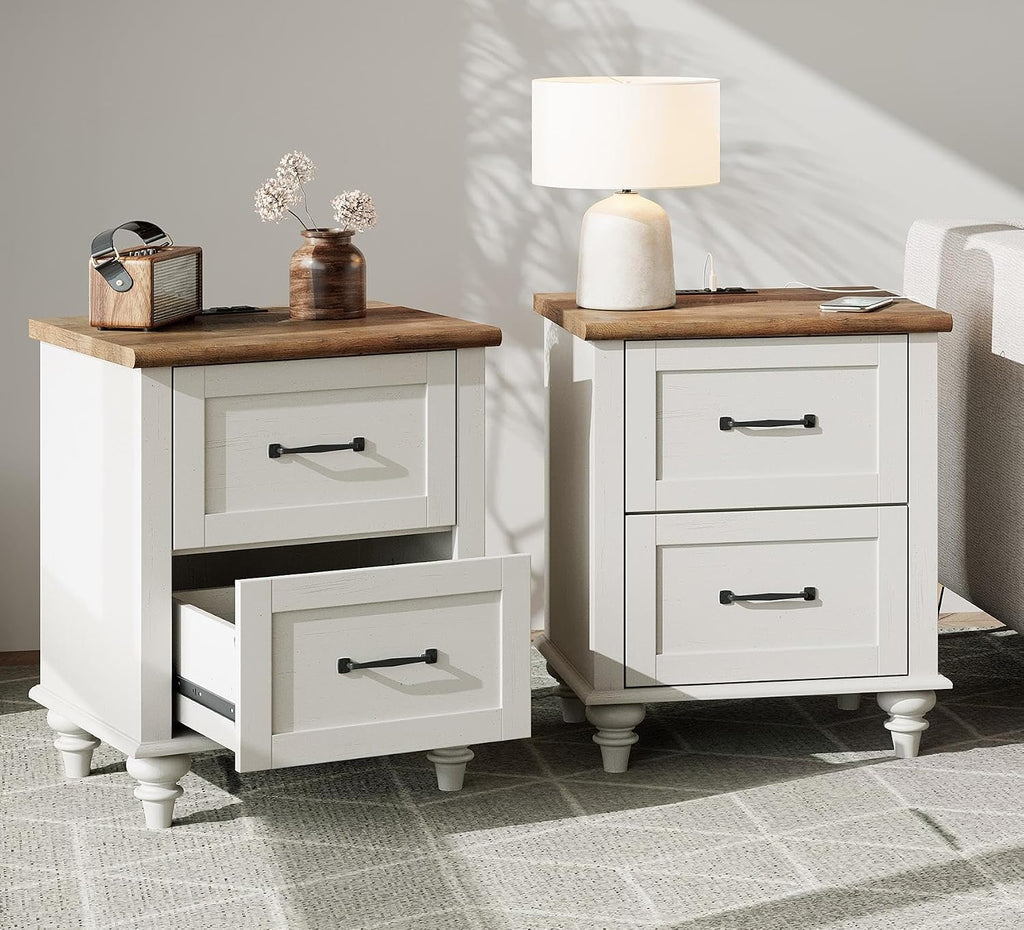 WAMPAT Set of 2 Night Stands with 2 Drawers, Mid-Century Modern Nightstands with Charging Station, Off White Bedside Table Light Wood End Tables for Bedroom