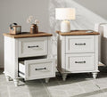 WAMPAT Set of 2 Night Stands with 2 Drawers, Mid-Century Modern Nightstands with Charging Station, Off White Bedside Table Light Wood End Tables for Bedroom