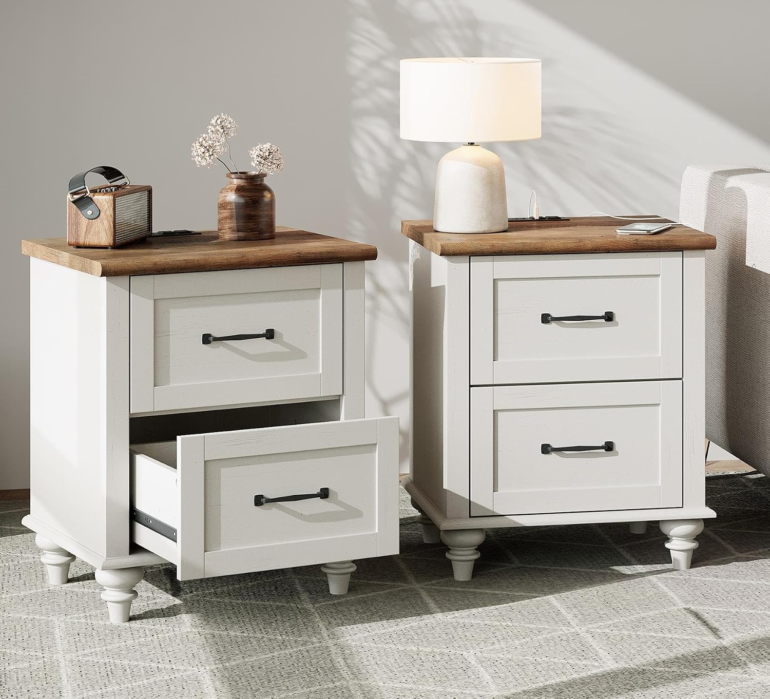 WAMPAT Set of 2 Night Stands with 2 Drawers, Mid-Century Modern Nightstands with Charging Station, Off White Bedside Table Light Wood End Tables for Bedroom