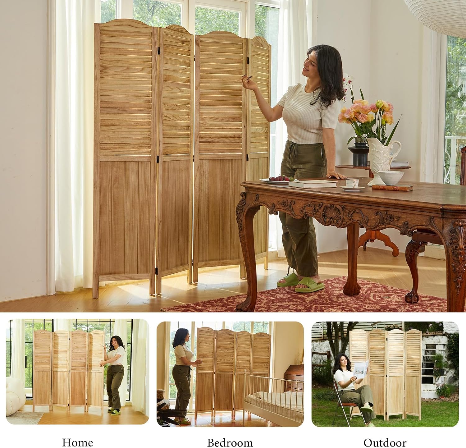 Room Dividers, 5.75Ft Individual Privacy Screens Foldable Wooden Louver & MDF Stable Wall Divider for Home Office Bedroom, 4 Panels (Natural)