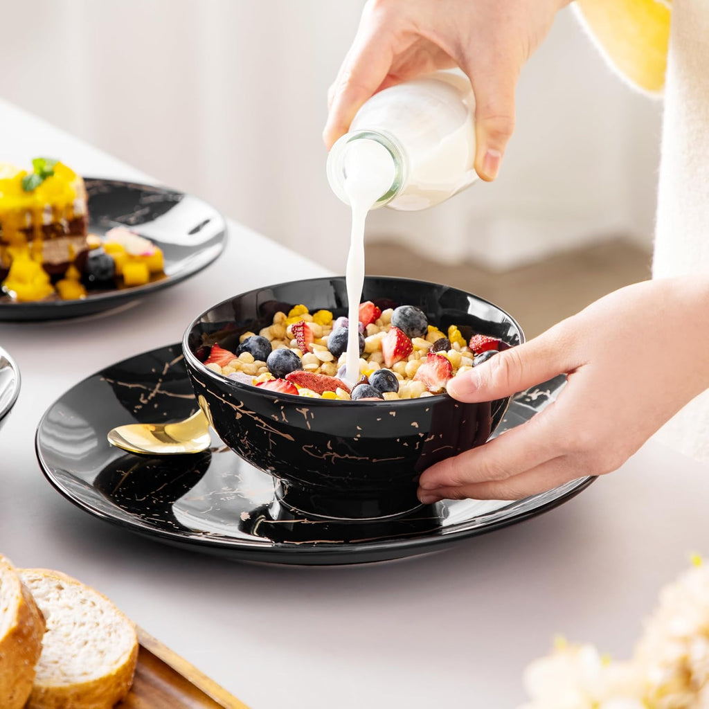 LOVECASA Plates and Bowls Sets for 6, 24 Pieces Porcelain Dinnerware Sets, Black and Gold Dish Set Gold Splash Dishware Sets, Dishwasher Microwave Safe