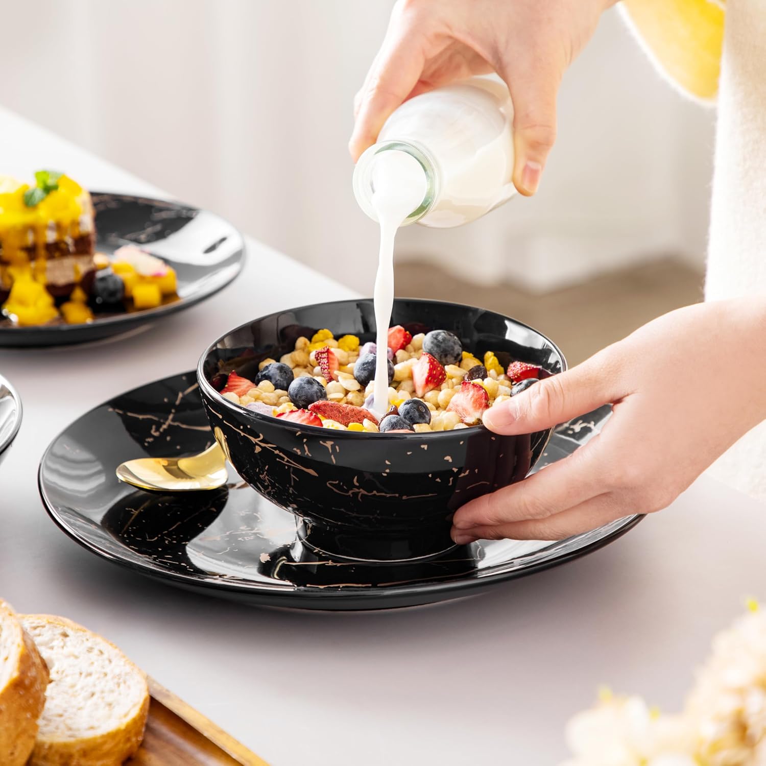 LOVECASA Plates and Bowls Sets for 6, 24 Pieces Porcelain Dinnerware Sets, Black and Gold Dish Set Gold Splash Dishware Sets, Dishwasher Microwave Safe