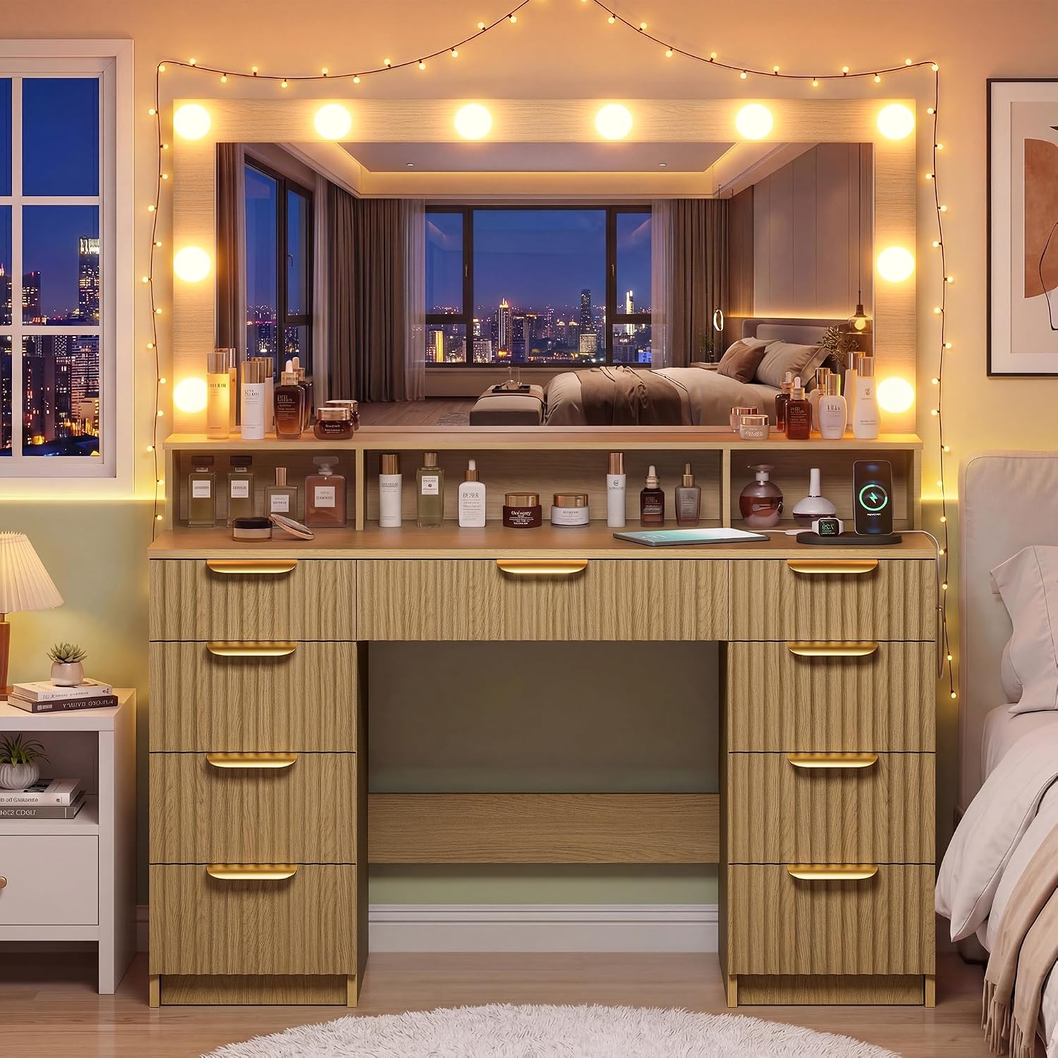 Fluted Vanity Desk with Large Mirror and Adjustable LED Lights, Makeup Vanity Table with Power Outlet, 9 Drawers & Storage Shelf, Bedroom Dressing Table Vanity Set for Girls, Women, Natural Oak