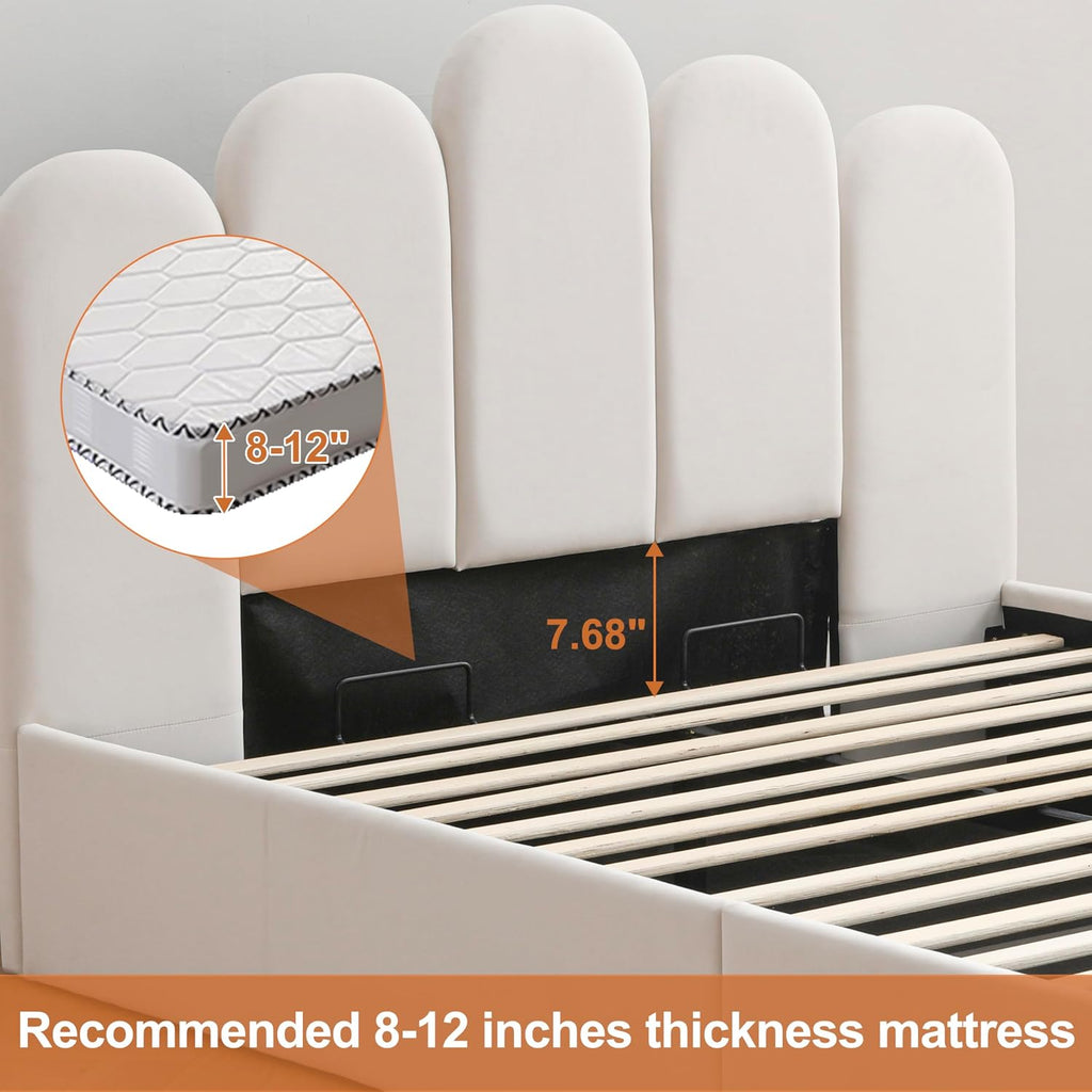 Lift Up Storage Bed Full Size, Upholstered Platform Bed with Hydraulic Storage System & Wood Slats Support, Full Bed Frame with Headboard, No Box Spring Needed, Easy Assembly, Cream