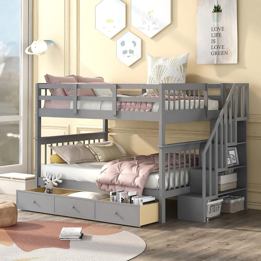 Harper & Bright Designs Full-Over-Full Bunk Bed with Storage Drawers, Soild Wood Stairway Bunk Bed with Full-Length Guard Rail Can Be Divided into 2 Beds for Boys Girls, No Box Spring Needed(Grey)