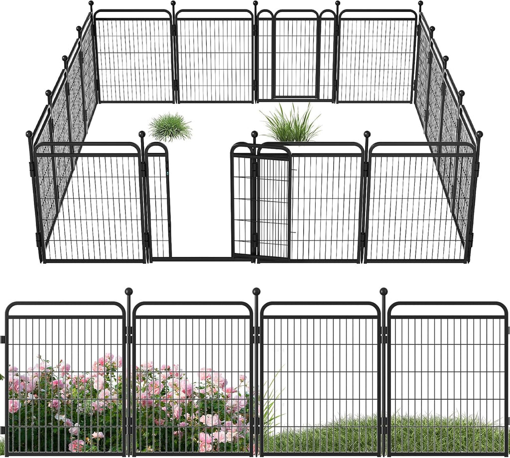 32 in(H) Decorative Garden Fence Outdoor for Yard with 2 Gates,Heavy Duty Iron 16 Panels Total 34.7ft(L) Anti Dig Fence with Gravity Automatic Lock for Indoor/Outdoor Dog Fence for rv Camping,Black