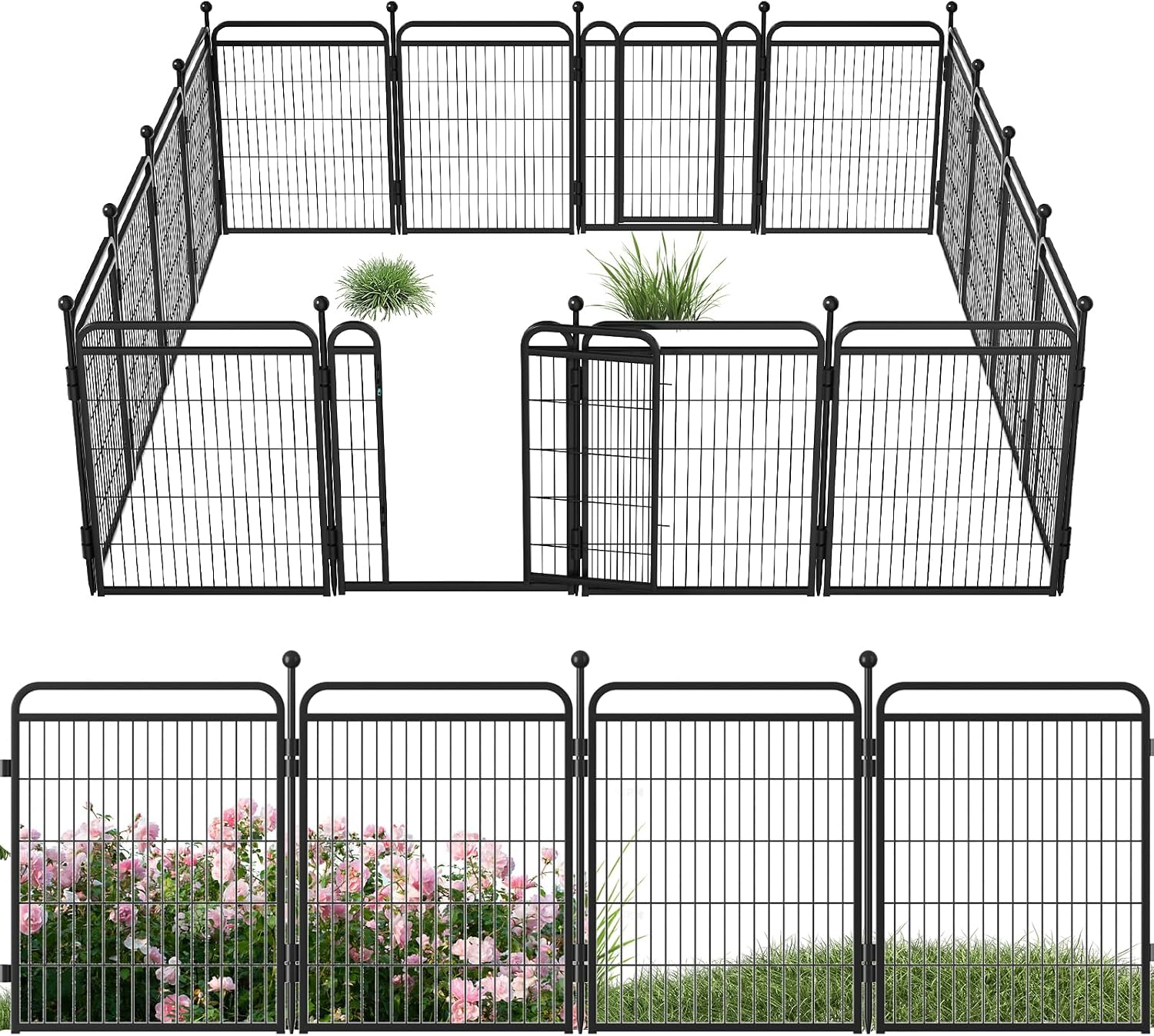 32 in(H) Decorative Garden Fence Outdoor for Yard with 2 Gates,Heavy Duty Iron 16 Panels Total 34.7ft(L) Anti Dig Fence with Gravity Automatic Lock for Indoor/Outdoor Dog Fence for rv Camping,Black