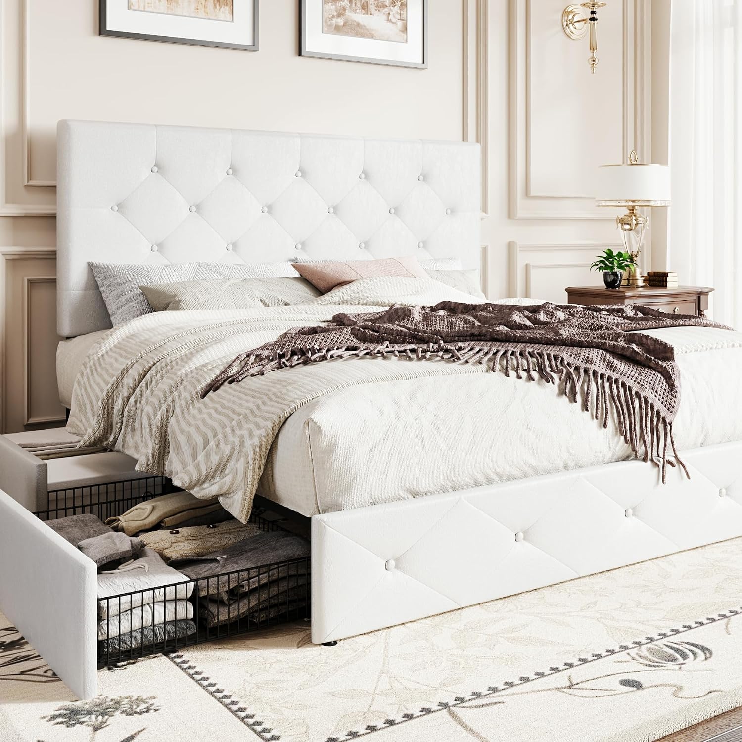 SHA CERLIN Upholstered Full Platform Storage Bed Frame with 4 Drawers, Adjustable Headboard with Faux Leather Diamond Button Tufted Design, Wooden Slat Support, No Box Spring Needed, White