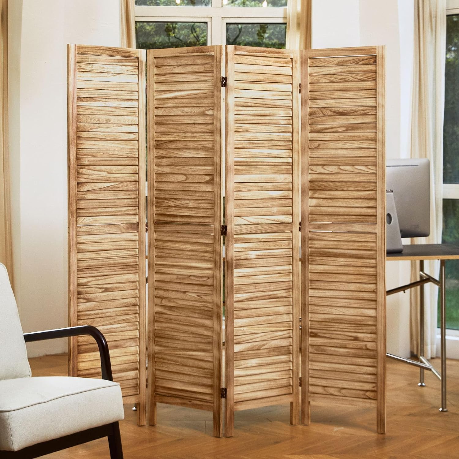 Room Dividers and Folding Privacy Screens, Wood Louvered Separators Divider Wall for Home Office Bedroom - 4 Panels, 67 * 60inch (Wood)