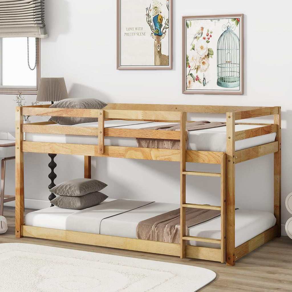 Ball & Cast Twin Over Twin Bunk Bed,Solid Rubber Wooden Low Floor Platform Bed with Ladder and Full Length Guardrail,Slat Support,Bedroom Furniture for Girls Boys,Natural