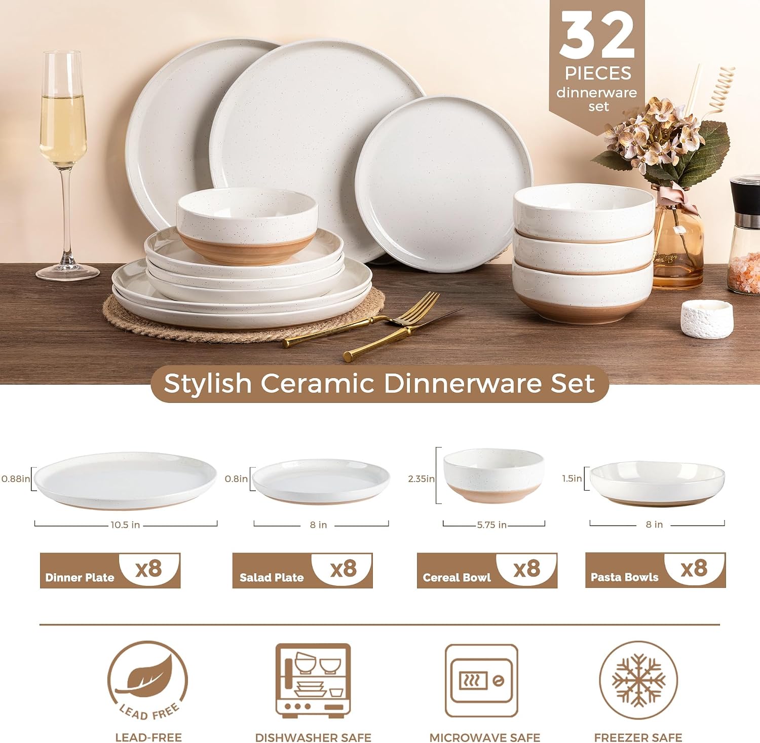 AmorArc Ceramic Dinnerware Sets with Pasta Bowls for 8, Handpainted Plates and Bowls Set with Rustic Terracotta Underside, Scratch Resistant Dishes Set, Dishwasher & Microwave Safe, 32 Pcs