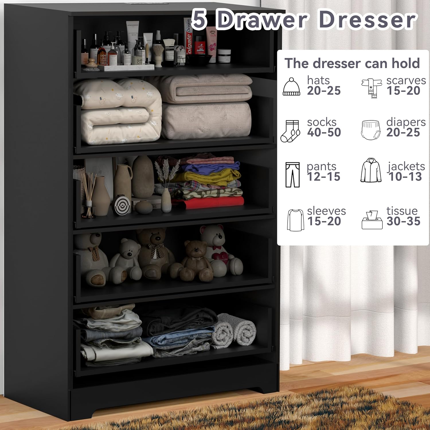 GEPELCN Dresser for Bedroom with Power Outlets Wood 5 Drawer Dresser with Large Storage Space Black Chest of Drawers with Smooth Metal Rail Tall Storage Organizer for Bedroom Living Room Closet