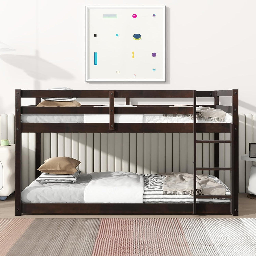 Ball & Cast Solid Rubber Wooden Twin Over Twin Bunk Bed with Ladder and Full Length Guardrail,Low Bunkbed w/Slat Support,Bedroom Furniture for Girls Boys,Espresso