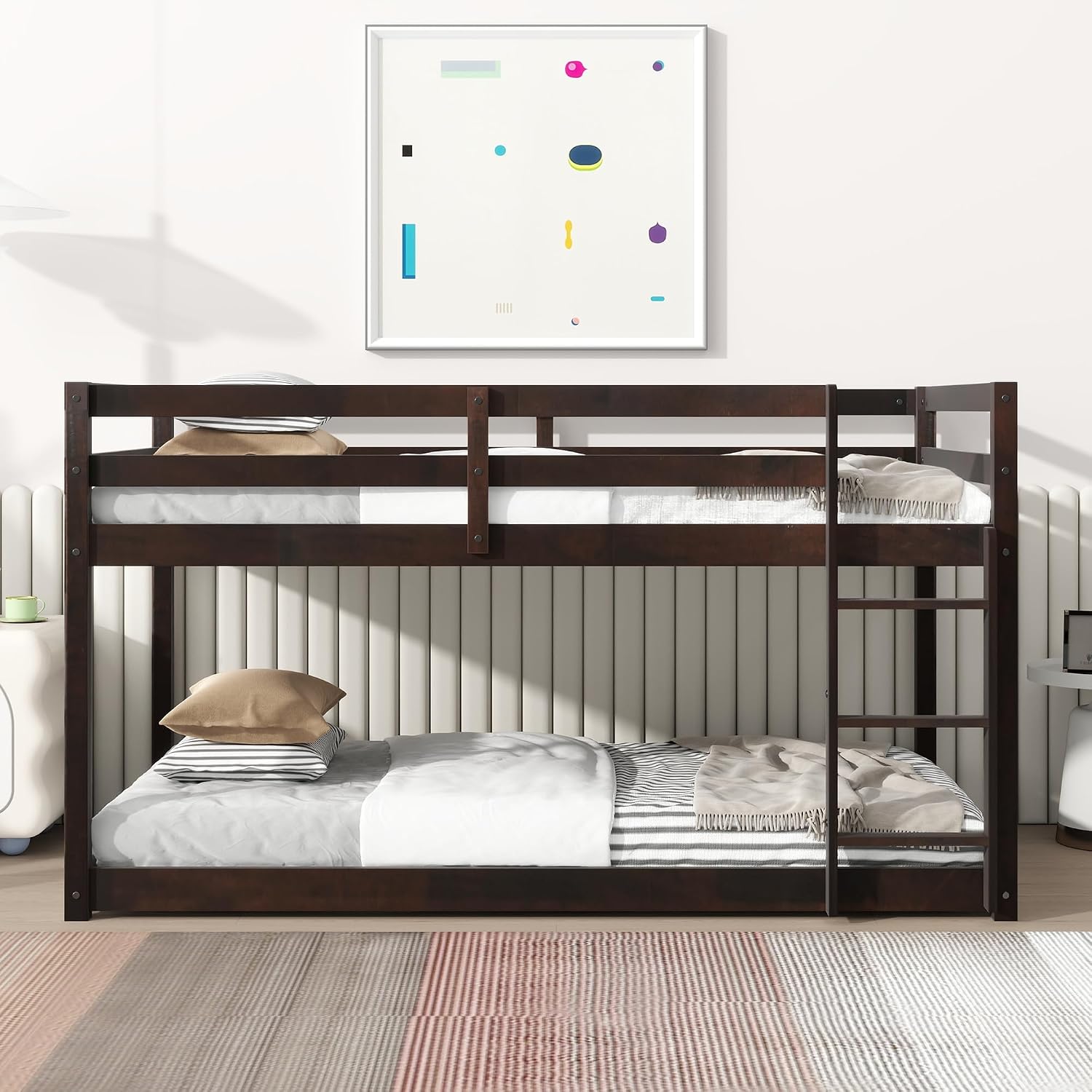 Ball & Cast Solid Rubber Wooden Twin Over Twin Bunk Bed with Ladder and Full Length Guardrail,Low Bunkbed w/Slat Support,Bedroom Furniture for Girls Boys,Espresso