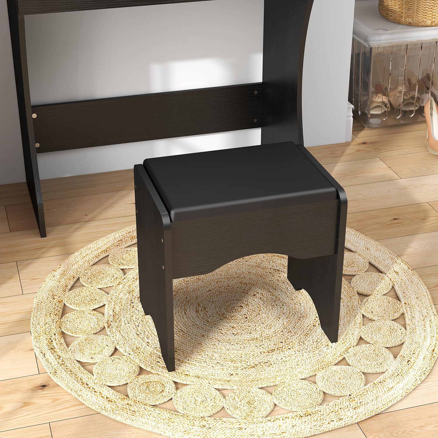 Panana Vanity Desk with Mirror and Lights, Black, Medium Size, Tabletop Mount, Makeup Vanity Table with Stool, Bedroom