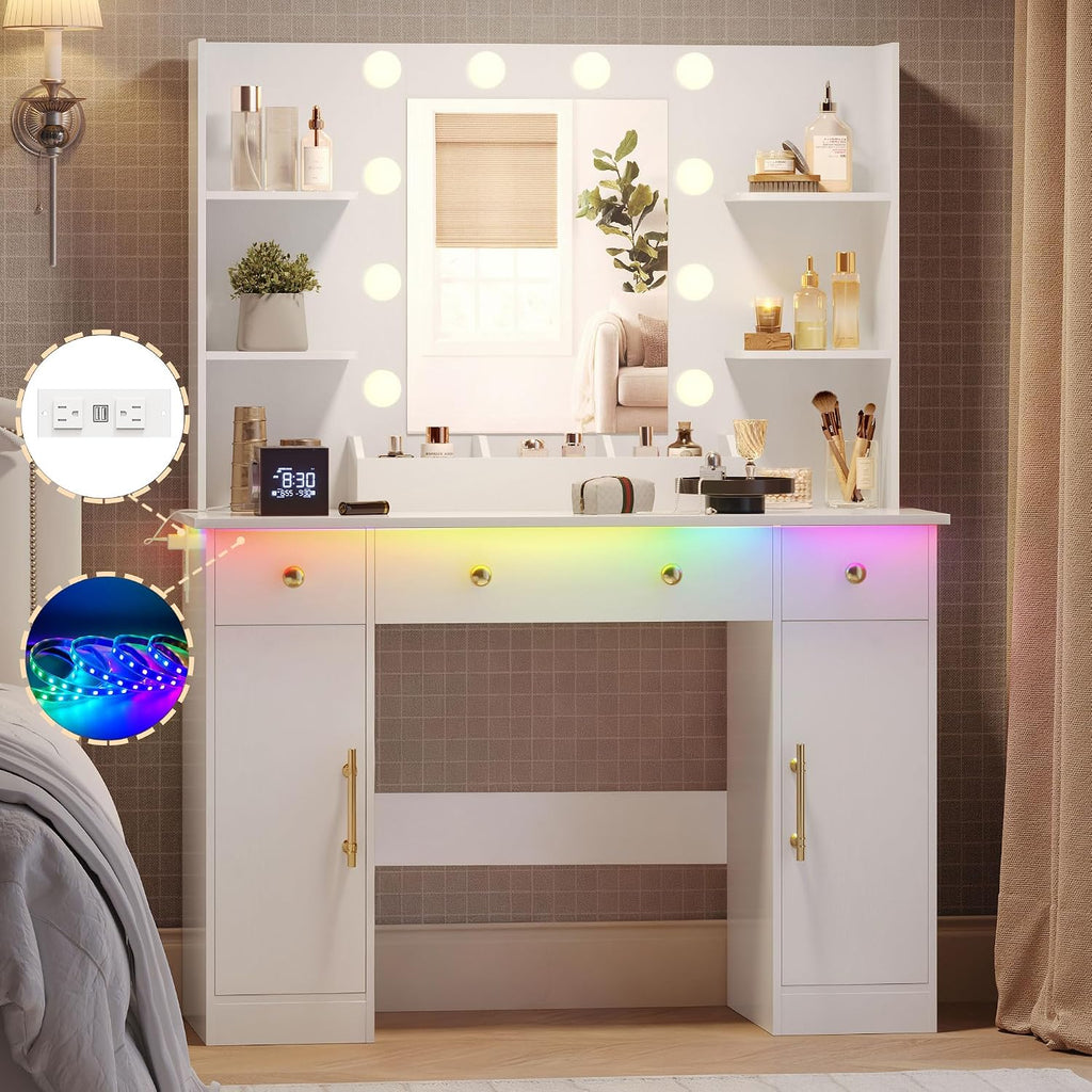 Wodeer Makeup Vanity Desk with Mirror and Lights, 43' White Vanity Set with 3 Drawers, Power Outlet & Adjustable RGB LED Lights, Dressing Table with Storage Shelf for Women & Girls Bedroom