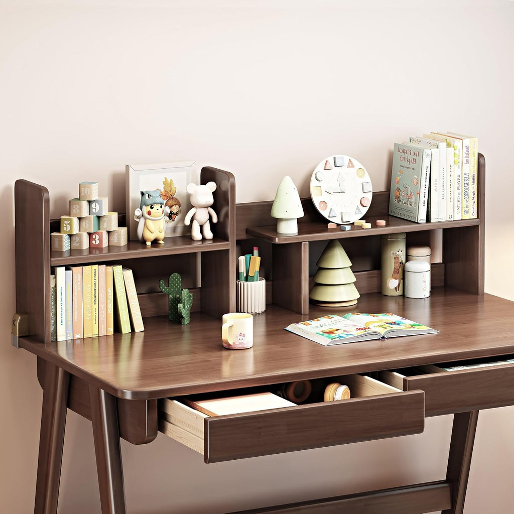 Kids Desk＆Table Rubber Wood Children's Study Desk with Bookshelf and Two Drawers Desk for 3 Years Old and Above Student's Study Computer Workstation & Writing Table for Home Use(Brown
