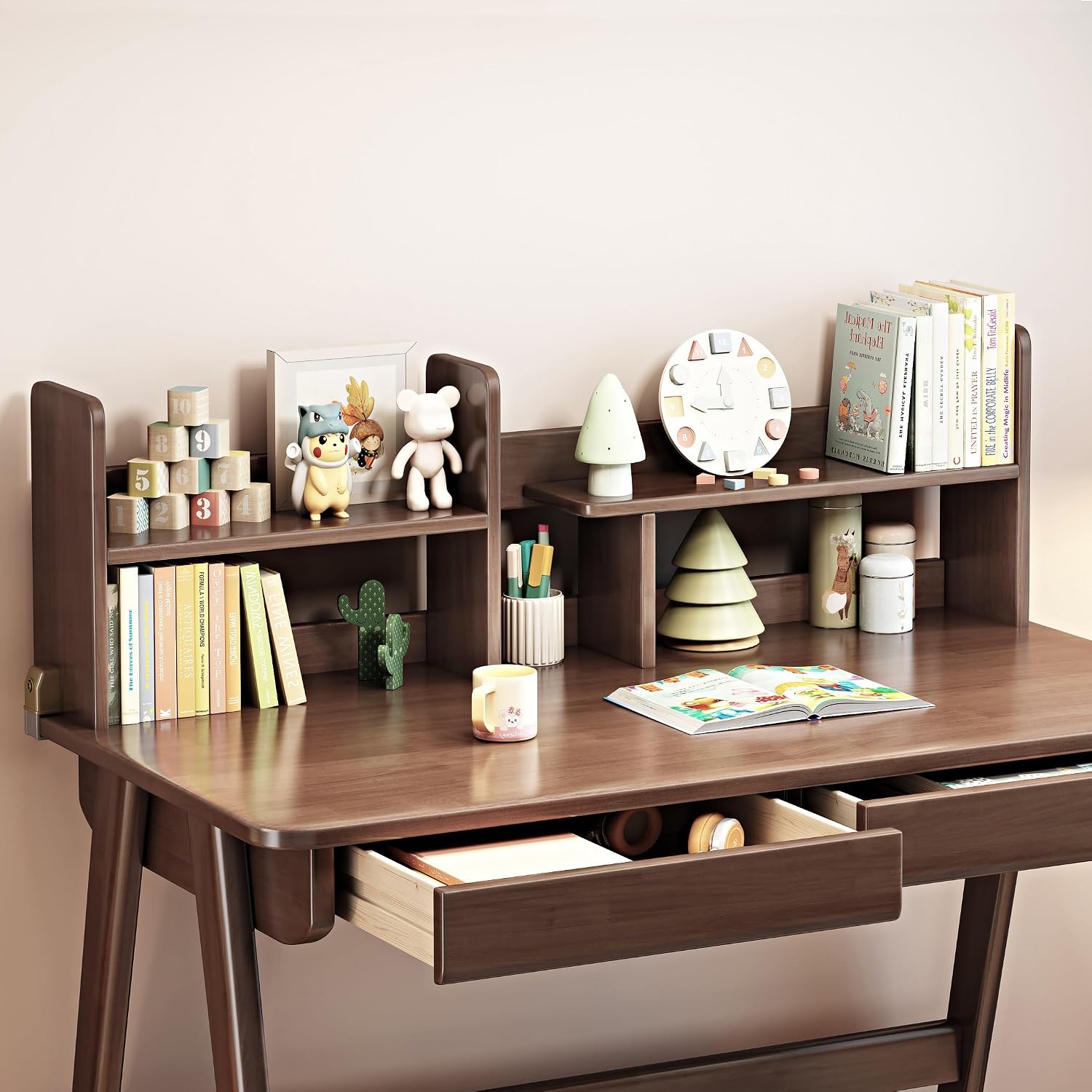 Kids Desk＆Table Rubber Wood Children's Study Desk with Bookshelf and Two Drawers Desk for 3 Years Old and Above Student's Study Computer Workstation & Writing Table for Home Use(Brown