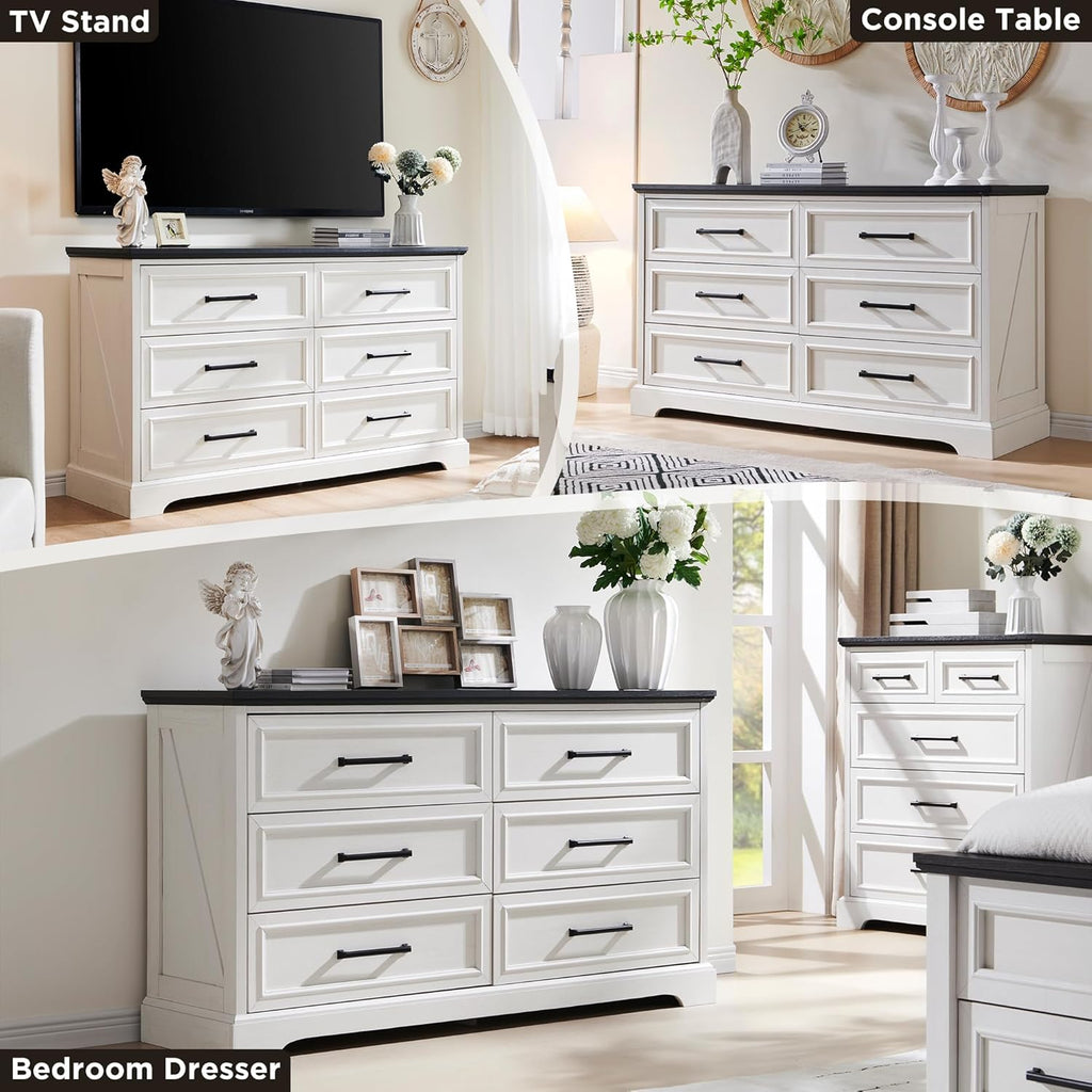 ACCOHOHO Farmhouse 6 Drawer Dresser for Bedroom, 52 Inch Wide Modern Dresser TV Stand with Large Drawers & Bar Handles, Rustic Wood Chest of Drawers for Bedroom, Living Room, Hallway, Off White