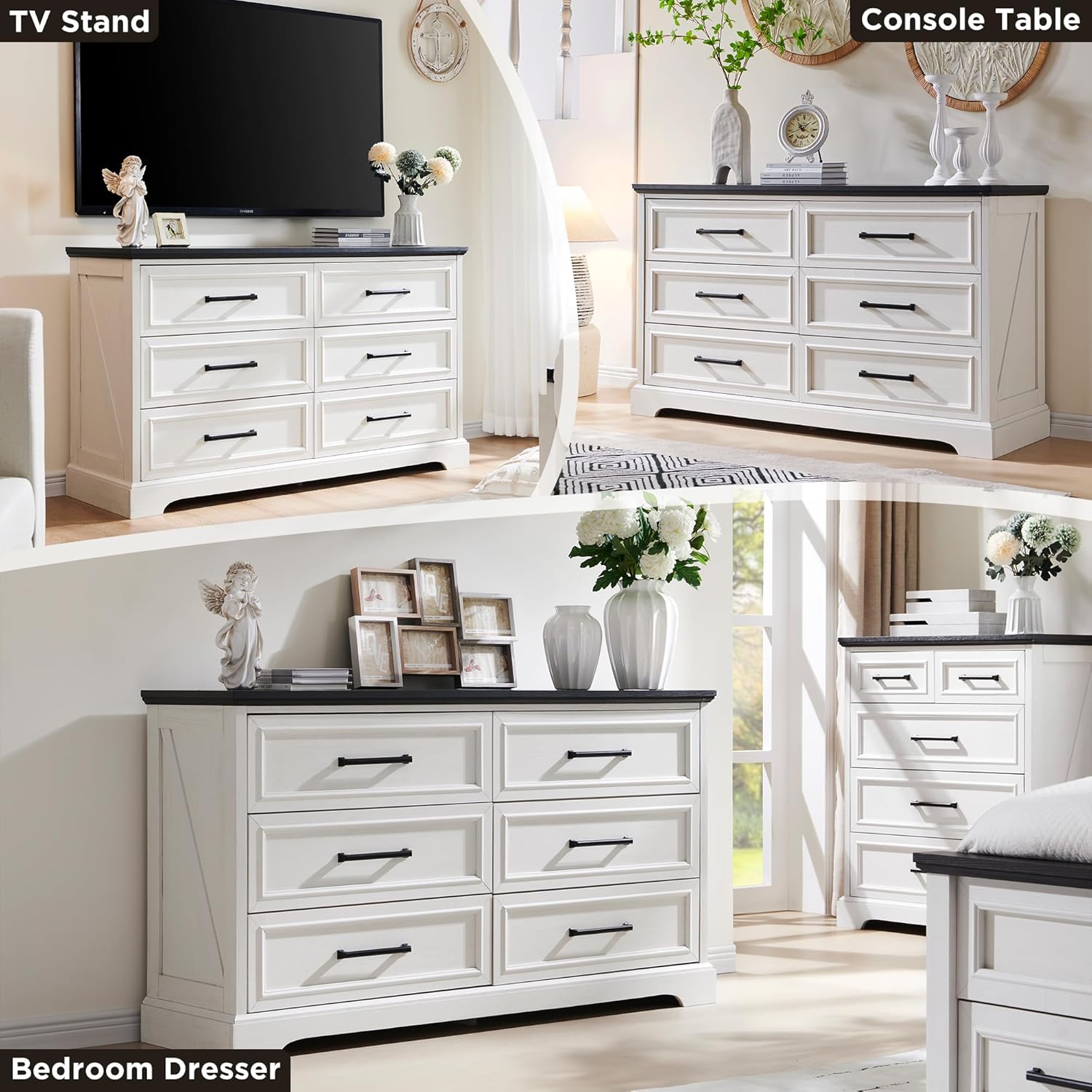 ACCOHOHO Farmhouse 6 Drawer Dresser for Bedroom, 52 Inch Wide Modern Dresser TV Stand with Large Drawers & Bar Handles, Rustic Wood Chest of Drawers for Bedroom, Living Room, Hallway, Off White