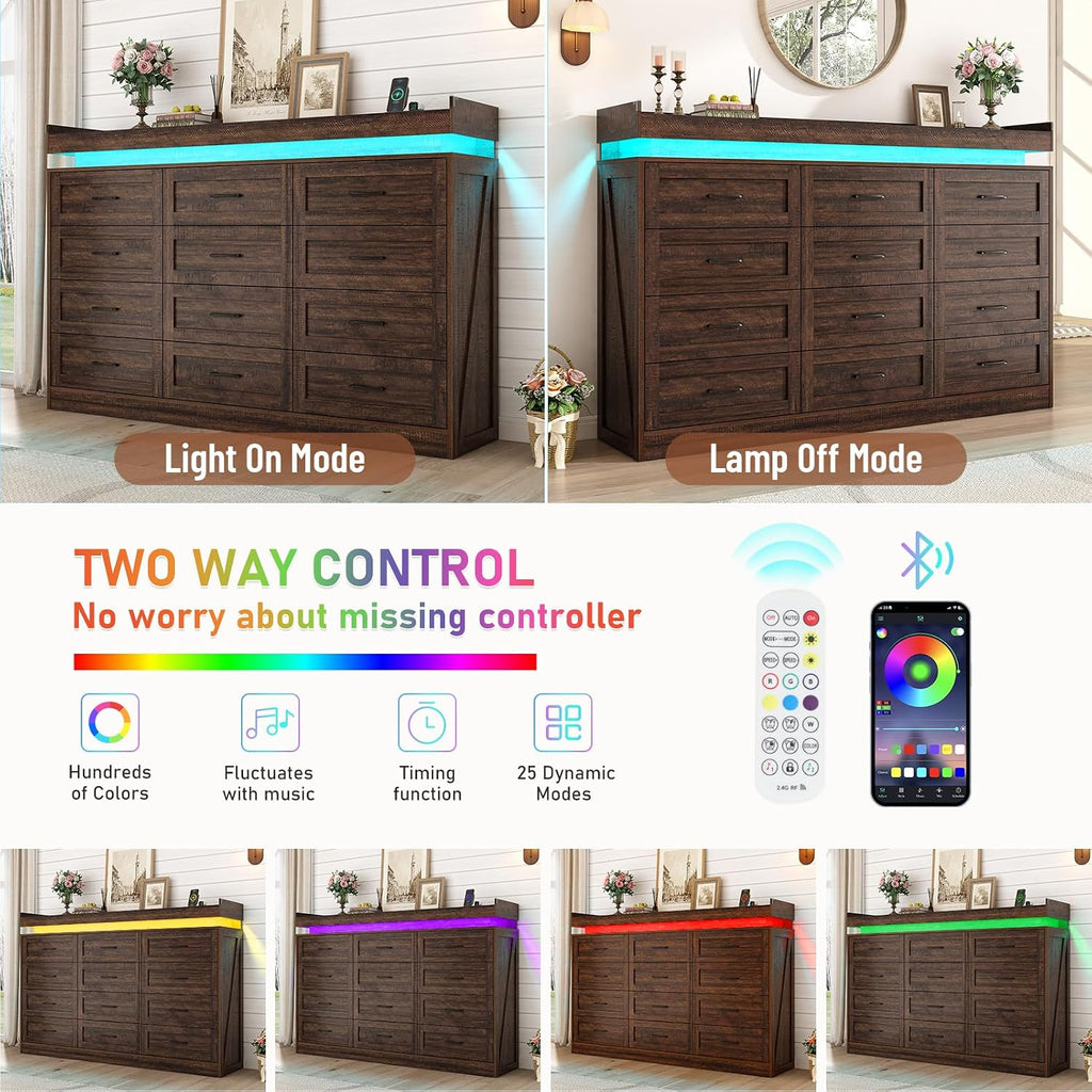 71' Wide 46' Tall Large Farmhouse 12 Drawers Dresser for Bedroom with LED Light and Power Outlets,Wood Rustic 12 Chests of Drawers for Closet,Tall Storage Dresser Organizer for Bedroom(Brown)