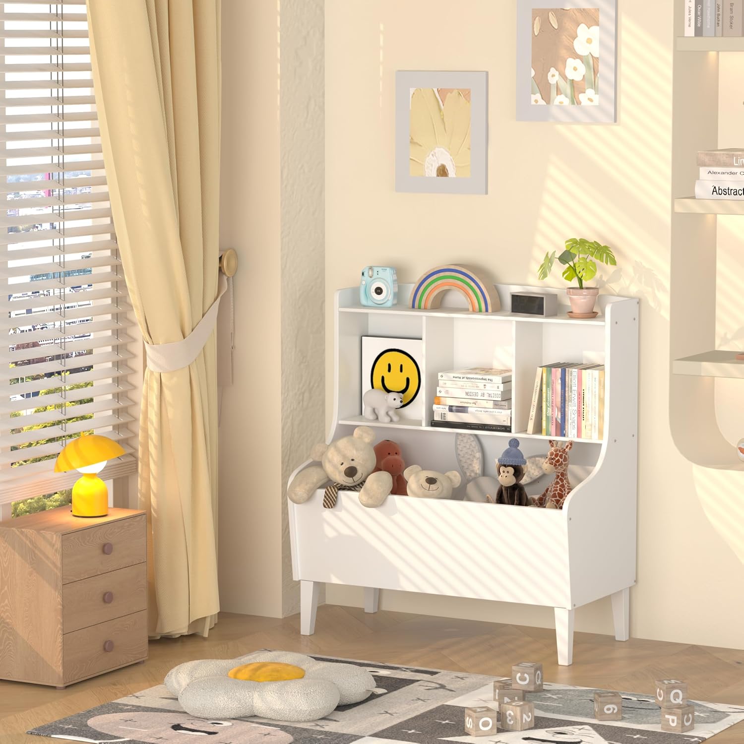 Kids Bookshelf and Toy Storage Organizer，Bamboo Bookcase，Fit for Children's Room, Playroom, Bedroom,Hallway, Kindergarten (White)