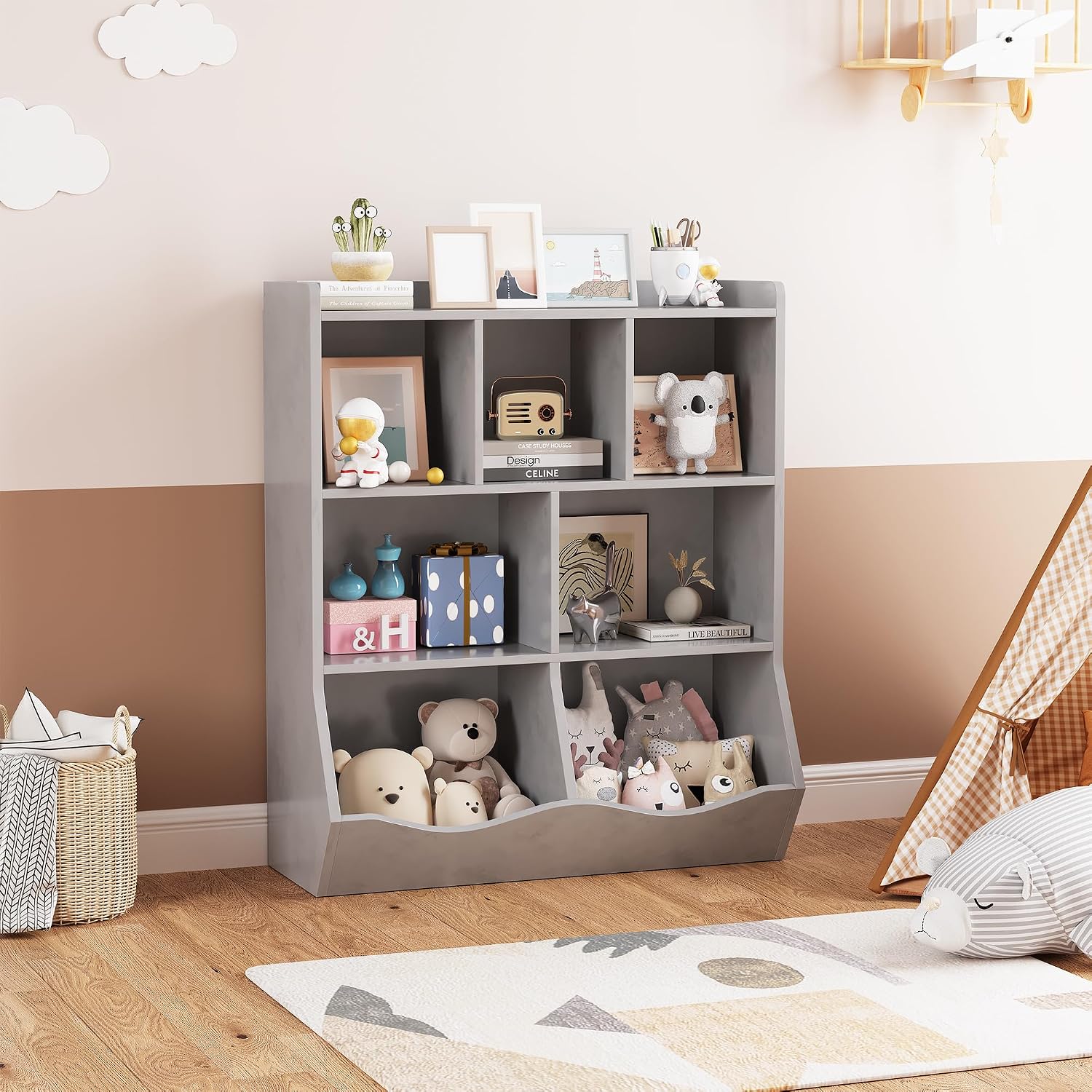 GarveeHome Grey Toy Storage Cabinet, Three-Tier Kids Bookshelf and Bookcase for Storage Books and Toys, Multi Shelf with Cubby Organizer for Bedroom and Playroom
