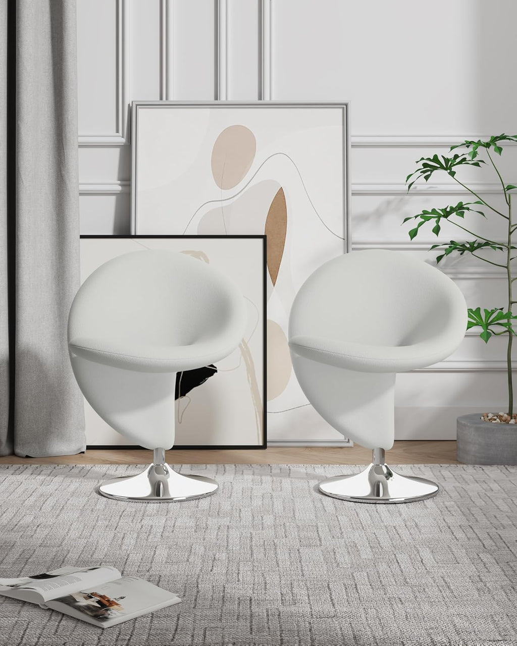 Manhattan Comfort Curl Swivel Accent Chair Set of 2 with 360° Turn, Fully Assembled, Upholstered in Wool Blend, Modern Ergonomic Design with Polished Chrome Base, Living Room & Office, Set of 1, Cream