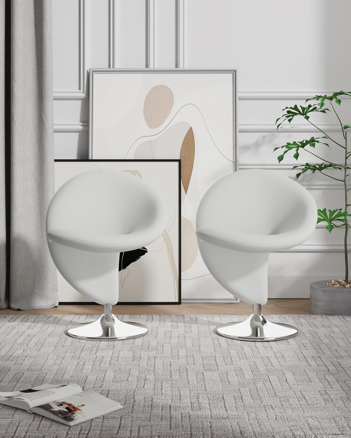 Manhattan Comfort Curl Swivel Accent Chair Set of 2 with 360° Turn, Fully Assembled, Upholstered in Wool Blend, Modern Ergonomic Design with Polished Chrome Base, Living Room & Office, Set of 1, Cream