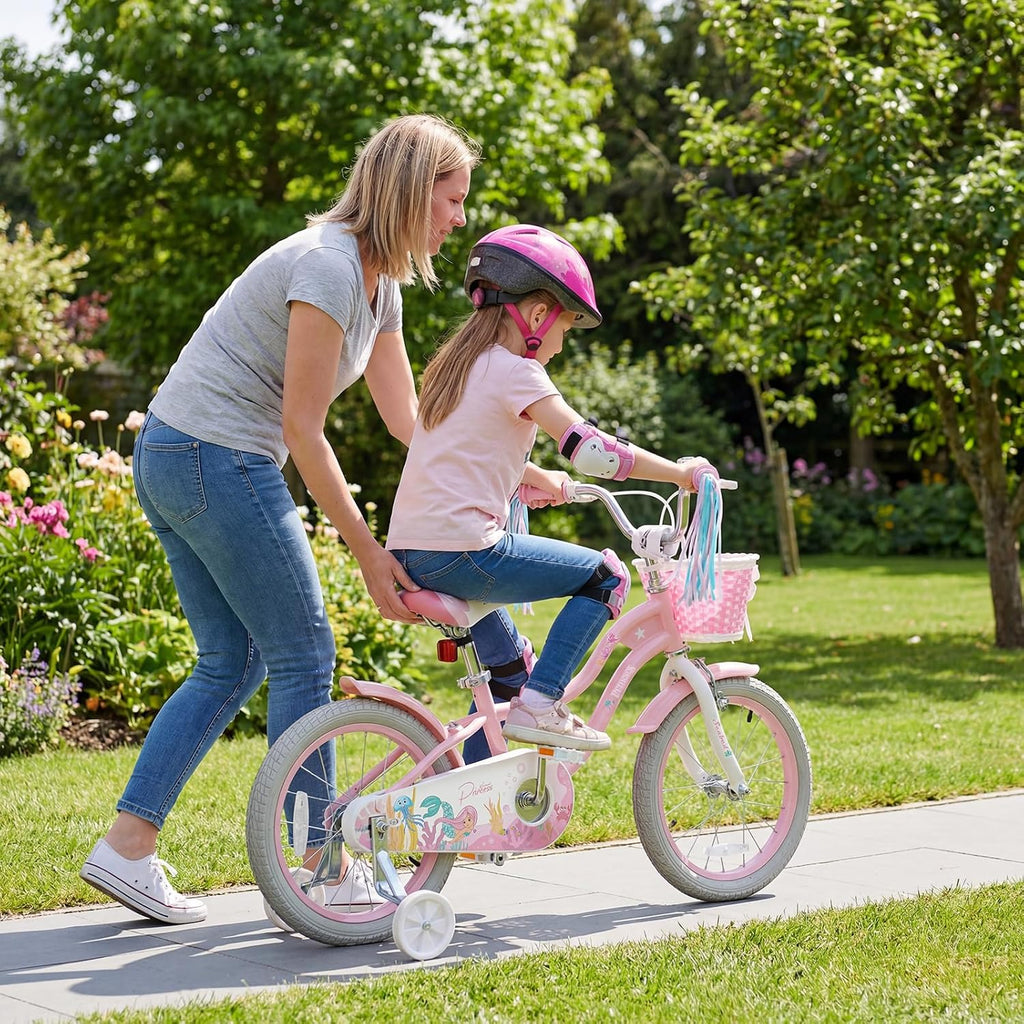 BABY JOY Kids Bike, 12' 14' 16' 18' Mermaid Girls Bike for 3-8 Years Old w/Basket, Training Wheels, Hand & Coaster Brakes, Adjustable Seat & Handlebar, 20' Children Bicycle with Kickstand for 8+