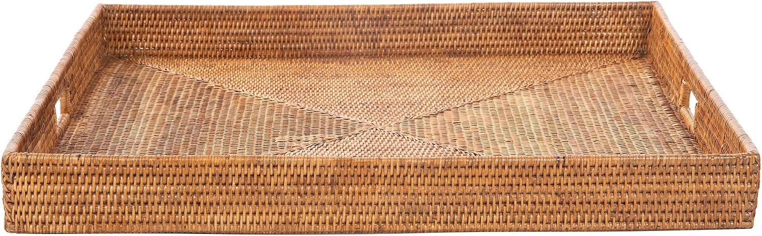 KOUBOO La Jolla Rattan Tray, Square Woven Tray - Decorative Coffee Table, Breakfast Tray, Home Decor Basket Style, Extra Large, Honey-Brown