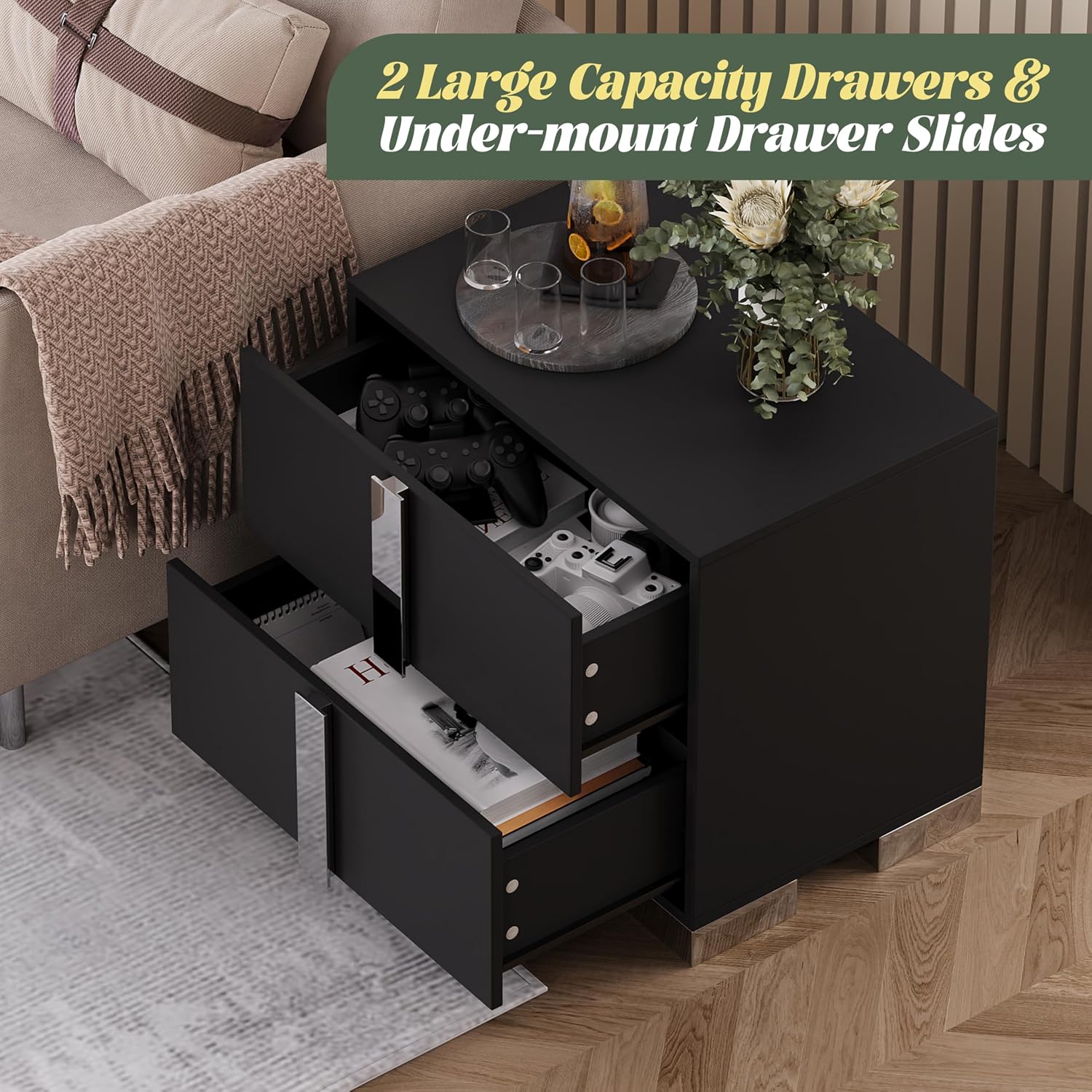 Modern Black Nightstand Set of 2 for Bedroom, Elegant 2 Drawer Nightstand with Silver Mirrored Handle and Base, Wood End Table Sofa Side Table for Living Room Bedroom (Black)