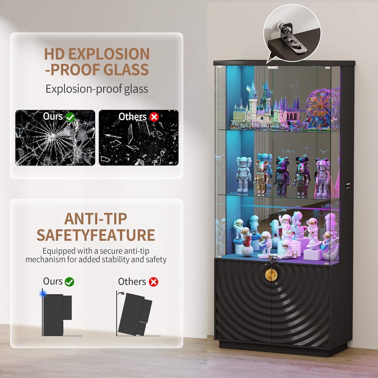 71'' Display Cabinet with Glass Doors,4-Tier Curio Black Cabinet with 3-Color Lights for Collectibles,Lockable Glass Display Case with Human Body Sensor,Tall Bookcase w/Shelves&Door Panel