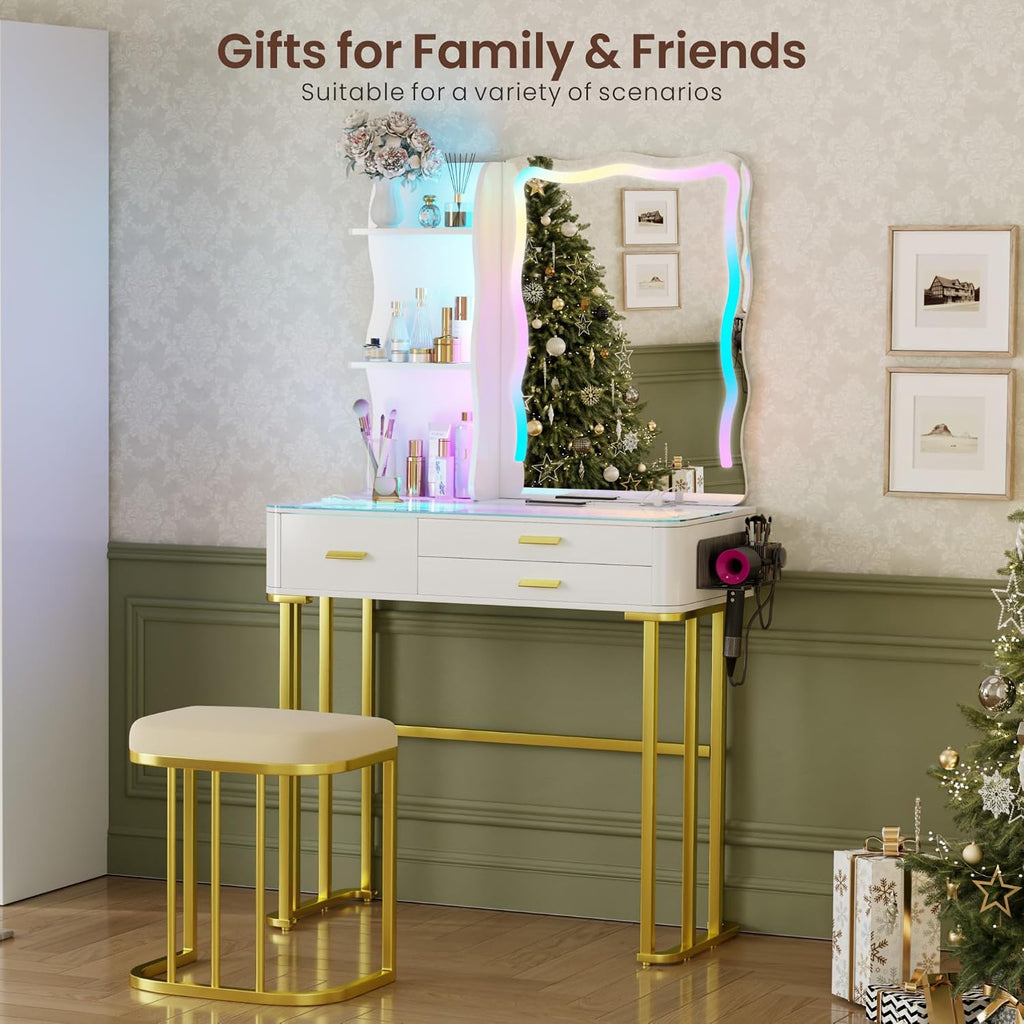 RGB LED Makeup Vanity Desk with Mirror & Lights, Modern Glass Top Vanity Table with 3 Drawers, Charging Station, Hair Dryer Holder, Dimmable Colorful Light Vanity Set for Bedroom,White