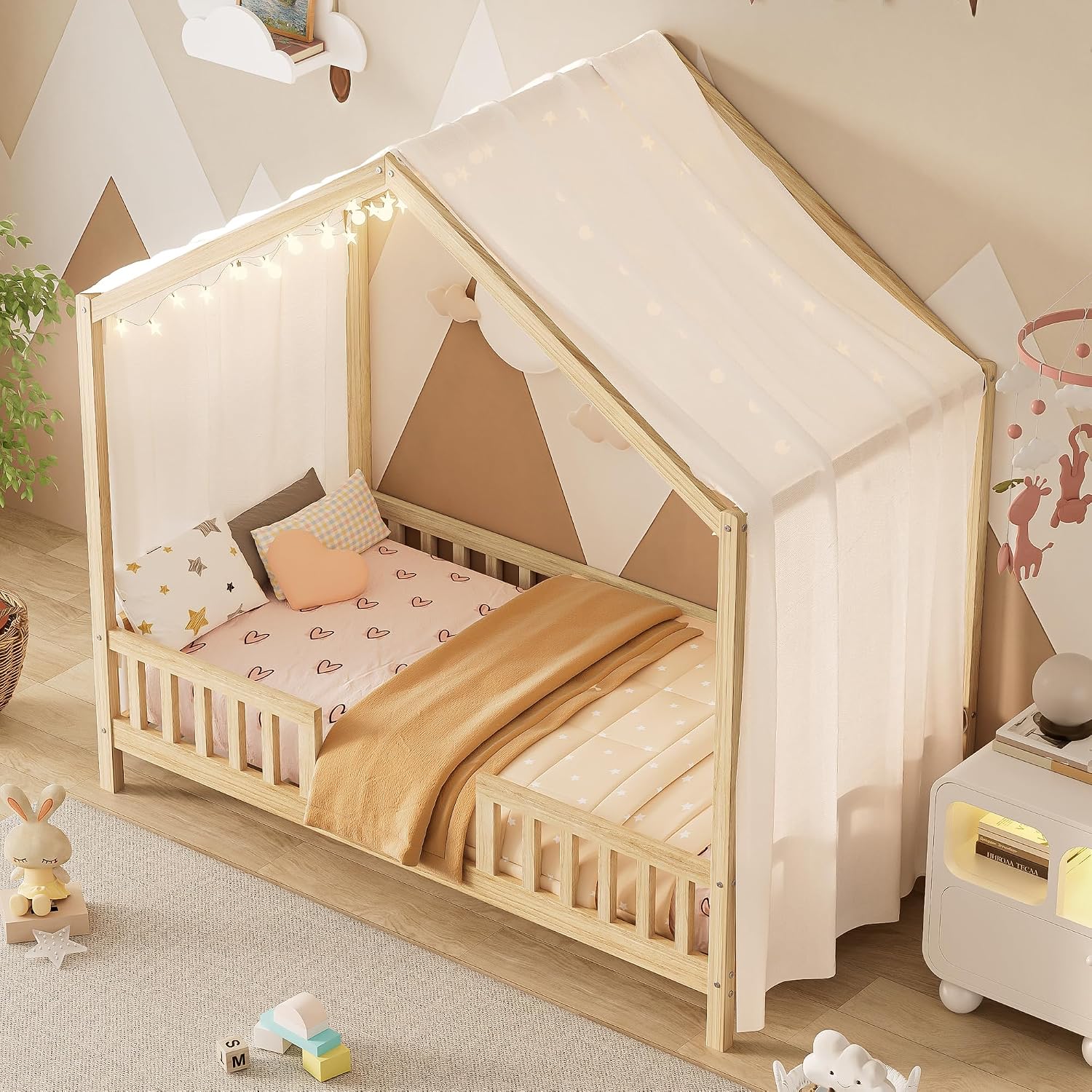Twin Size House-Shape Bed with Canopy and High Railings, Wood Kids Bed Frame with Roof (Natural, Twin)