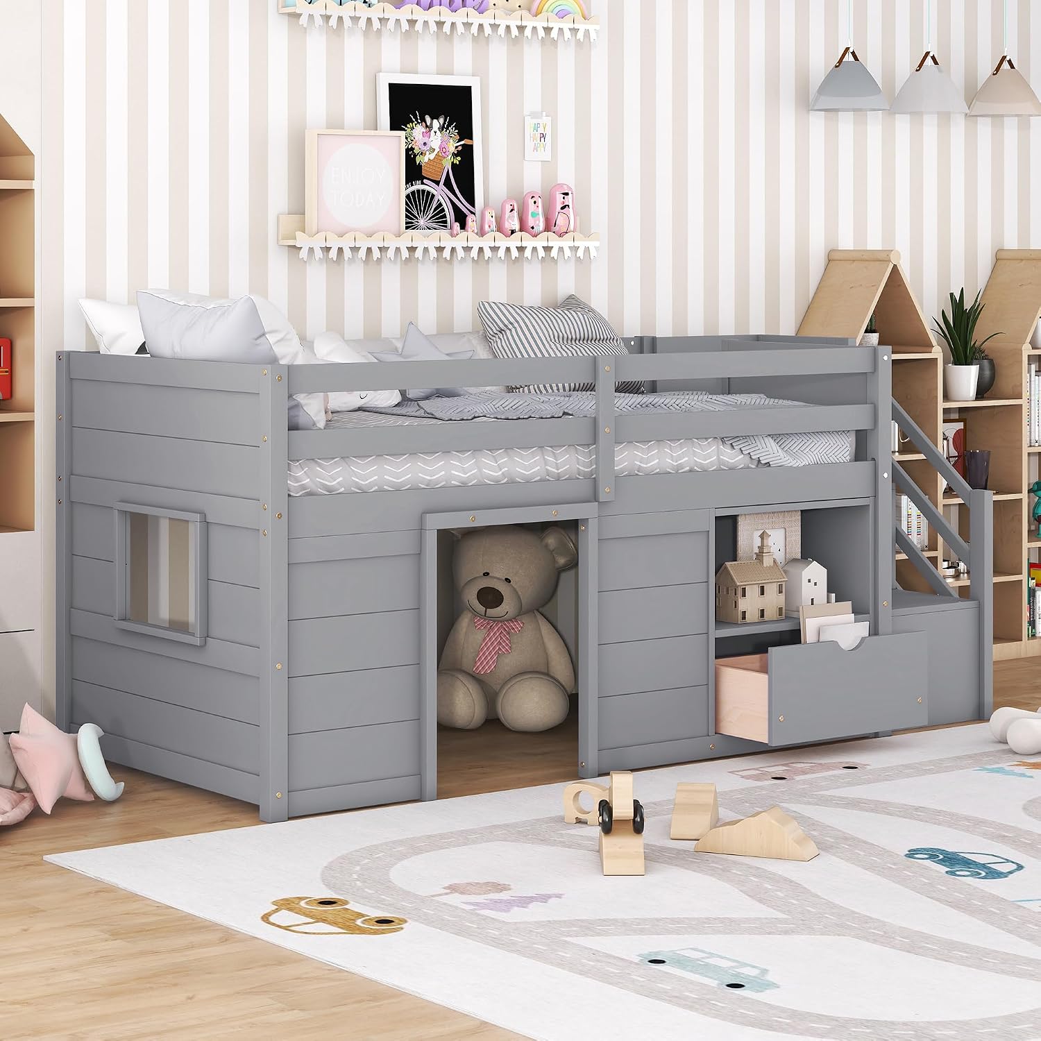 JIVOIT Twin Size Loft Bed with Bookshelf and Storage Drawer, Storage Staircase and Window Design, Wooden Low Loft Bed Frame with Full-Length Guardrail for Kids Teens (Gray, Bookshelf+Drawer 7)