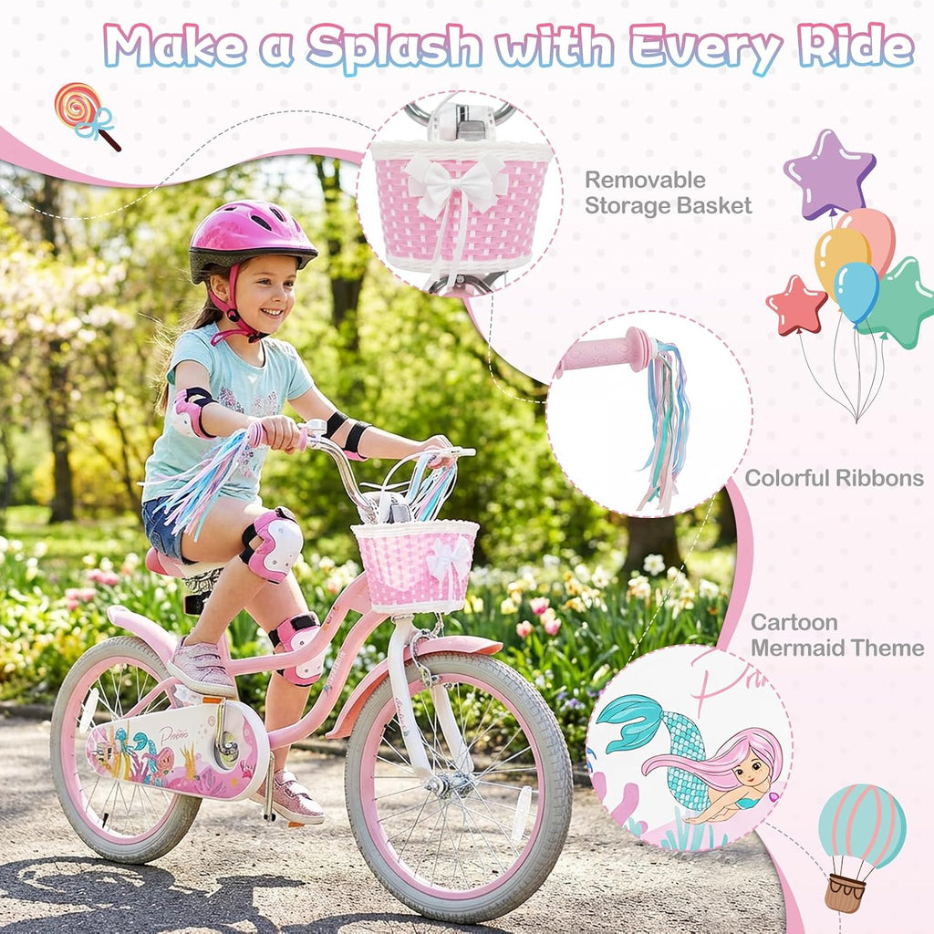 HONEY JOY Kids Bike, 12 14 16 18 Inch Girls Bike w/Training Wheels, Streamers, Basket, Handbrake & Coaster Brake, Fully Enclosed Chain, Mermaid Princess Children Bike for 3-8 Years Old