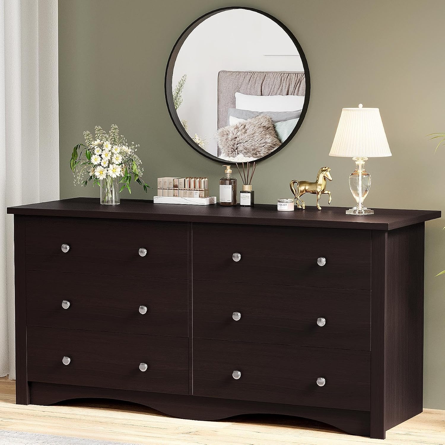 YESHOMY Dresser for Bedroom, 6 Drawers Dresser, Modern Chest of Drawers, Wooden Dressers, TV Stand for Living Room,Closet, Hallway (Brown)