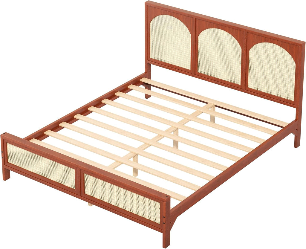 JIVOIT Queen Size Platform Bed with Rattan Headboard and Footboard, Wood Platform Bed Frame with Wood Slats Support, No Box Spring Needed, Easy Assembly (Walnut+Beige,Queen)