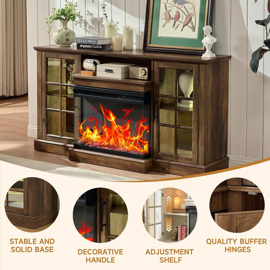 ROCKPOINT 3 Sided Glass 59' Fireplace TV Stand for TVs up to 65 Inch, Media Entertainment Center with Glass Door Storage Cabinet, 24' Electric Fireplace with LED Light and Flame Colors, Espresso
