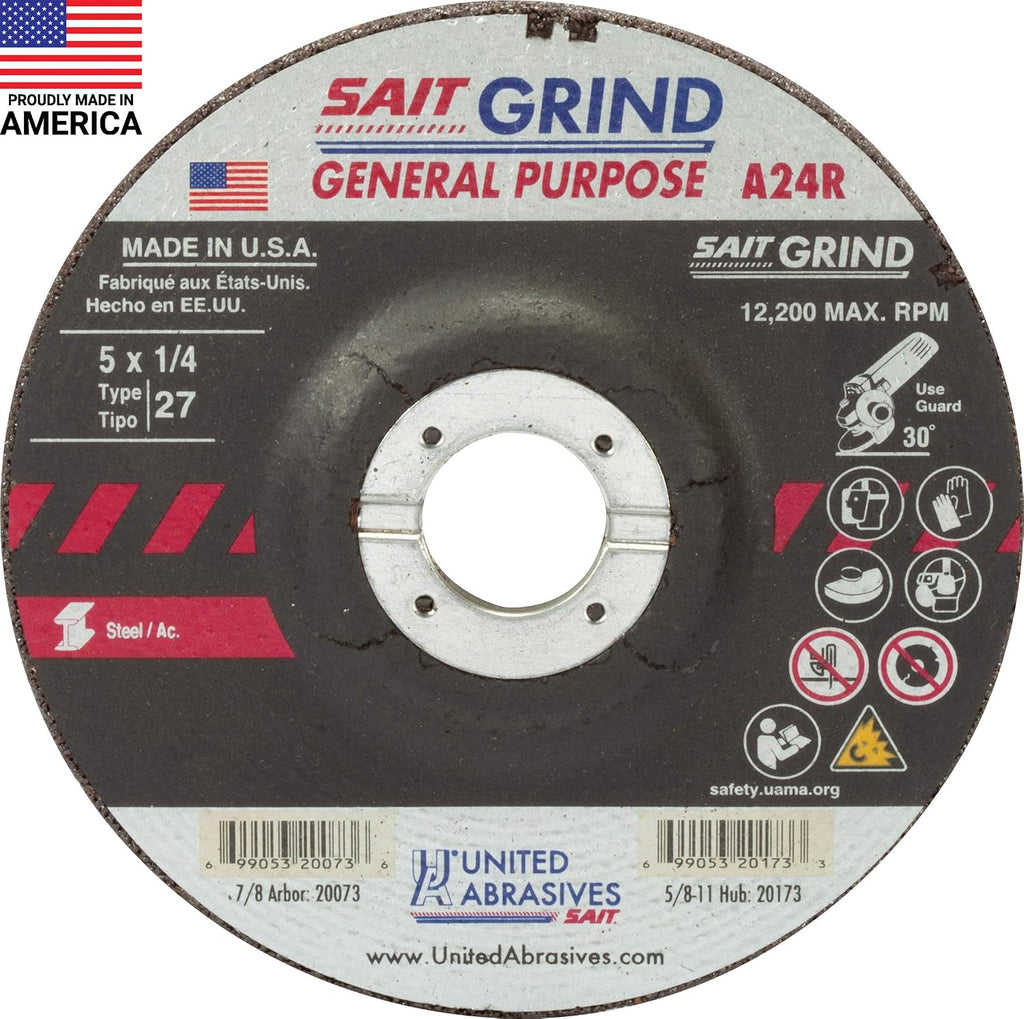 United Abrasives-SAIT 20073 A24R General Purpose/Long Life Grinding Wheel (Type 27/Depressed Center]) 5' x 1/4' x 7/8',25-Pack