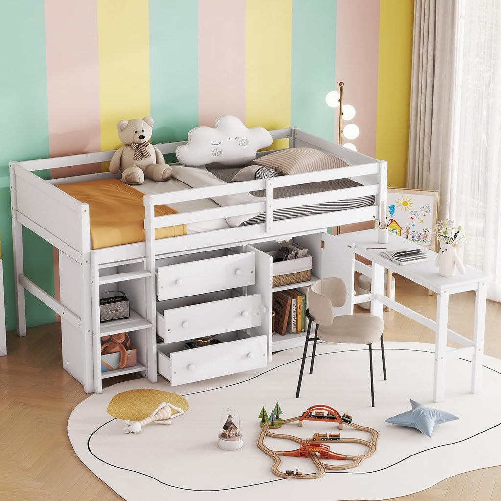 JIVOIT Twin Size Low Loft Bed with Retractable Desk, Multifunction Loft Bed with 3 Drawers, Cabinet and Shelves, Space Saving Wood Bed Frame for Kids Boys Girls (White * 02)