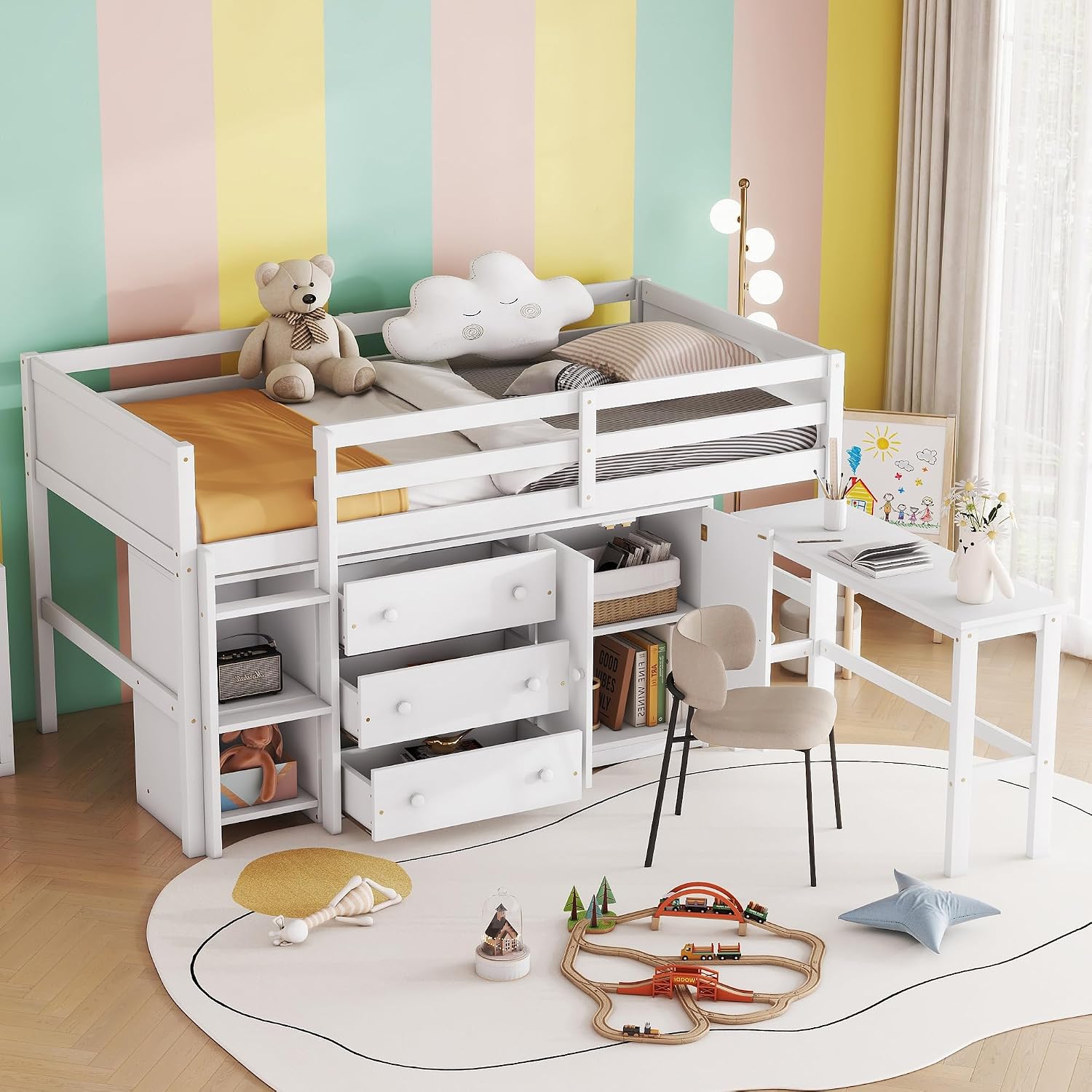 JIVOIT Twin Size Low Loft Bed with Retractable Desk, Multifunction Loft Bed with 3 Drawers, Cabinet and Shelves, Space Saving Wood Bed Frame for Kids Boys Girls (White * 02)