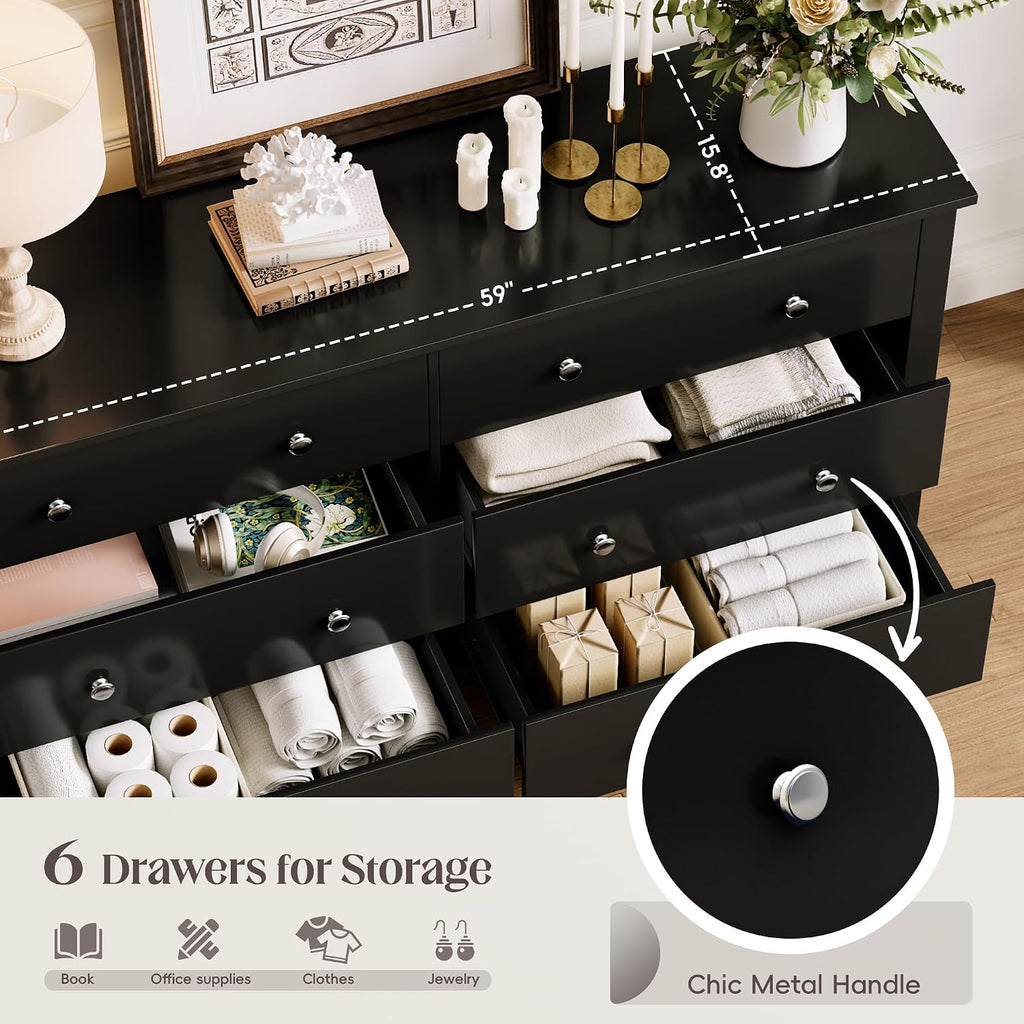 JUMMICO Black Dresser for Bedroom, 6 Wood Dresser Drawers, Wide Chest of Drawers, Storage Tower Unit, Modern Design for Bedroom, Living Room, Hallway, Entryway