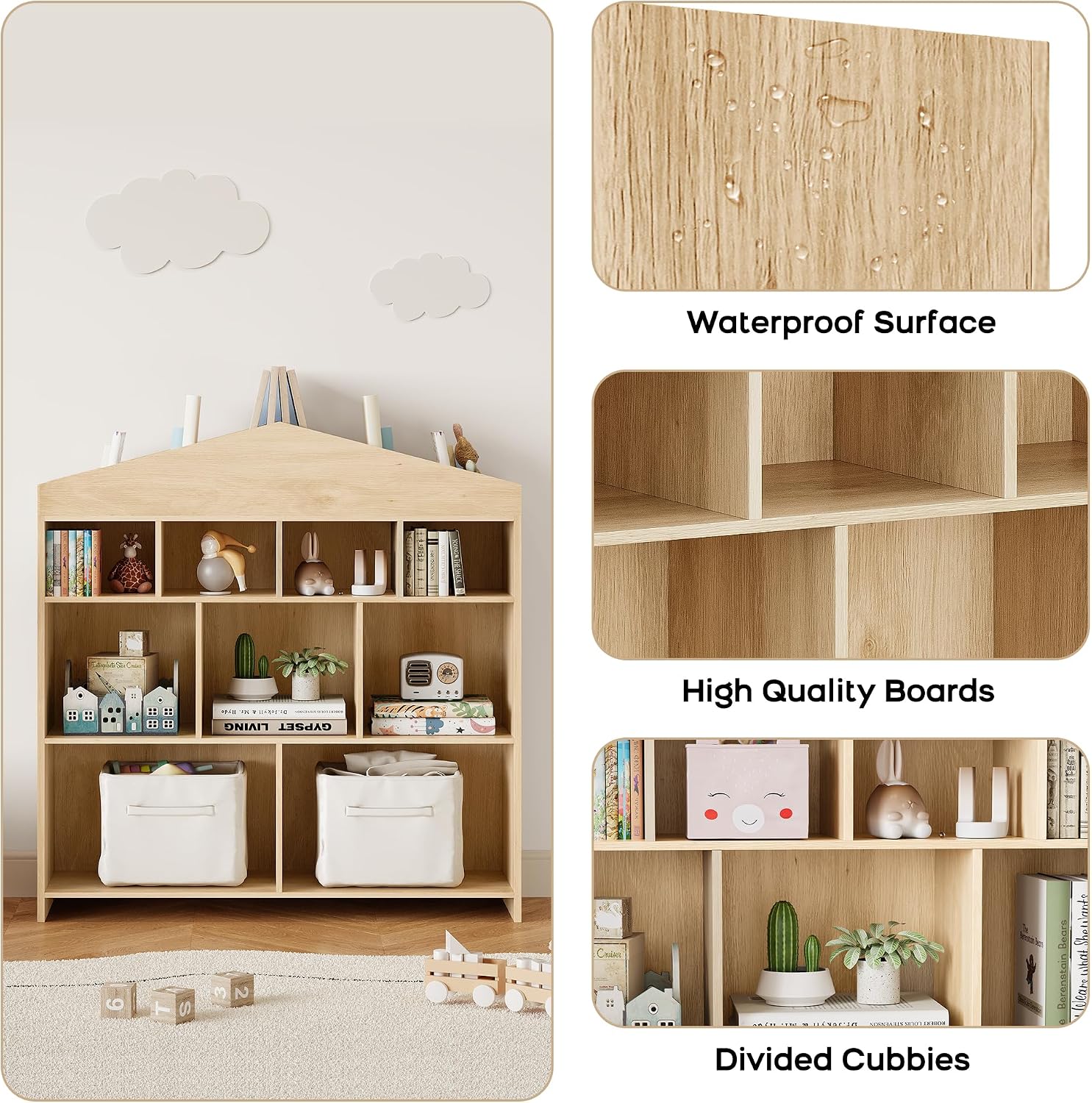 IDEALHOUSE Toy Storage Organizer 9-Cubby Kids Bookshelf 40.7in Width Bookcase Toddlers Playhouse Cabinet Shelf for Boys Girls Wooden Cubby Storage Toy Shelf for Playroom, Nursery, Kids Room